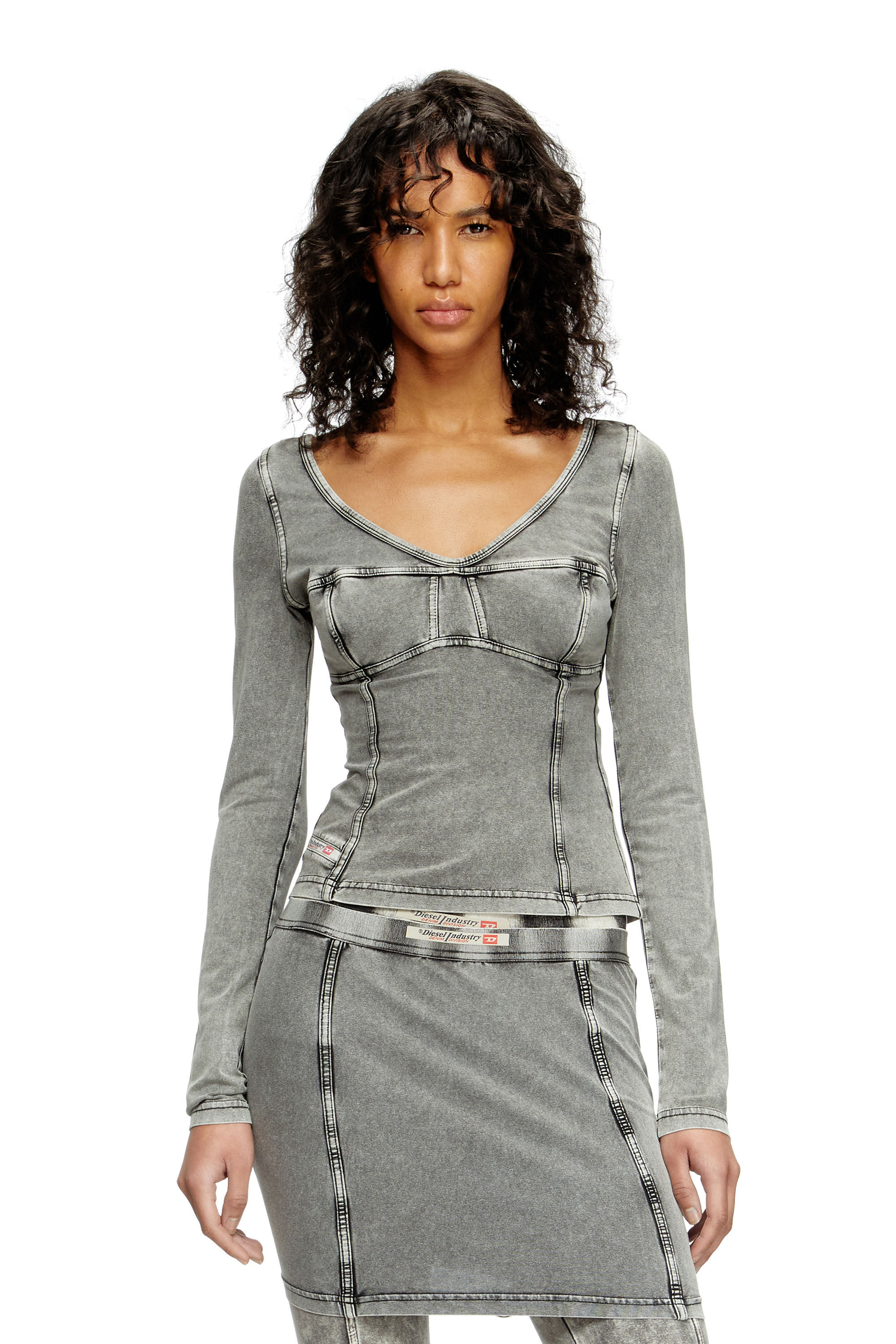 Diesel - T-ELIN, Camiseta de manga larga con efecto denim Mujer in Gris - 3