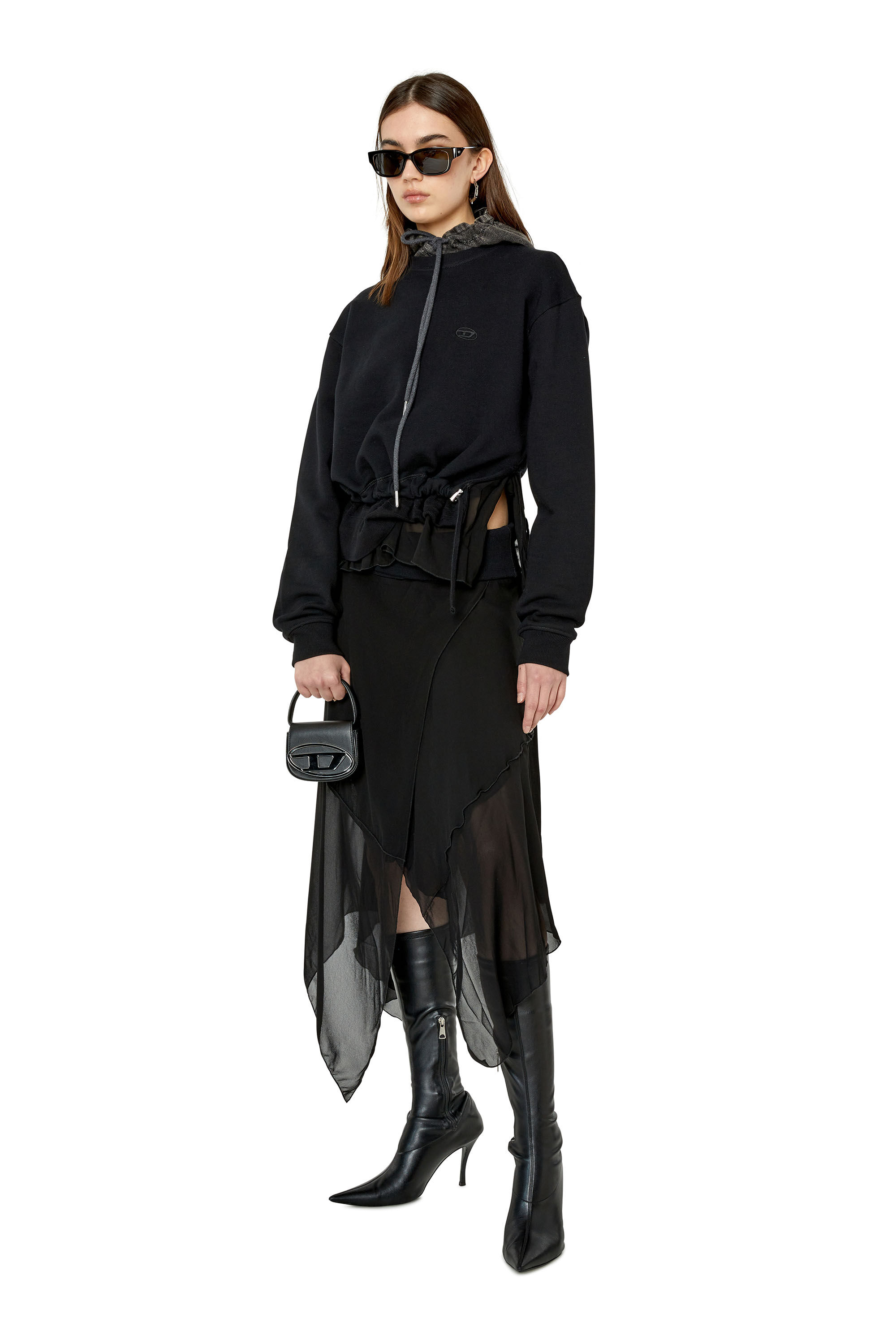 Diesel - F-ROLLIES, Sudadera con dobladillo con cordón en capas Mujer in Negro - 1