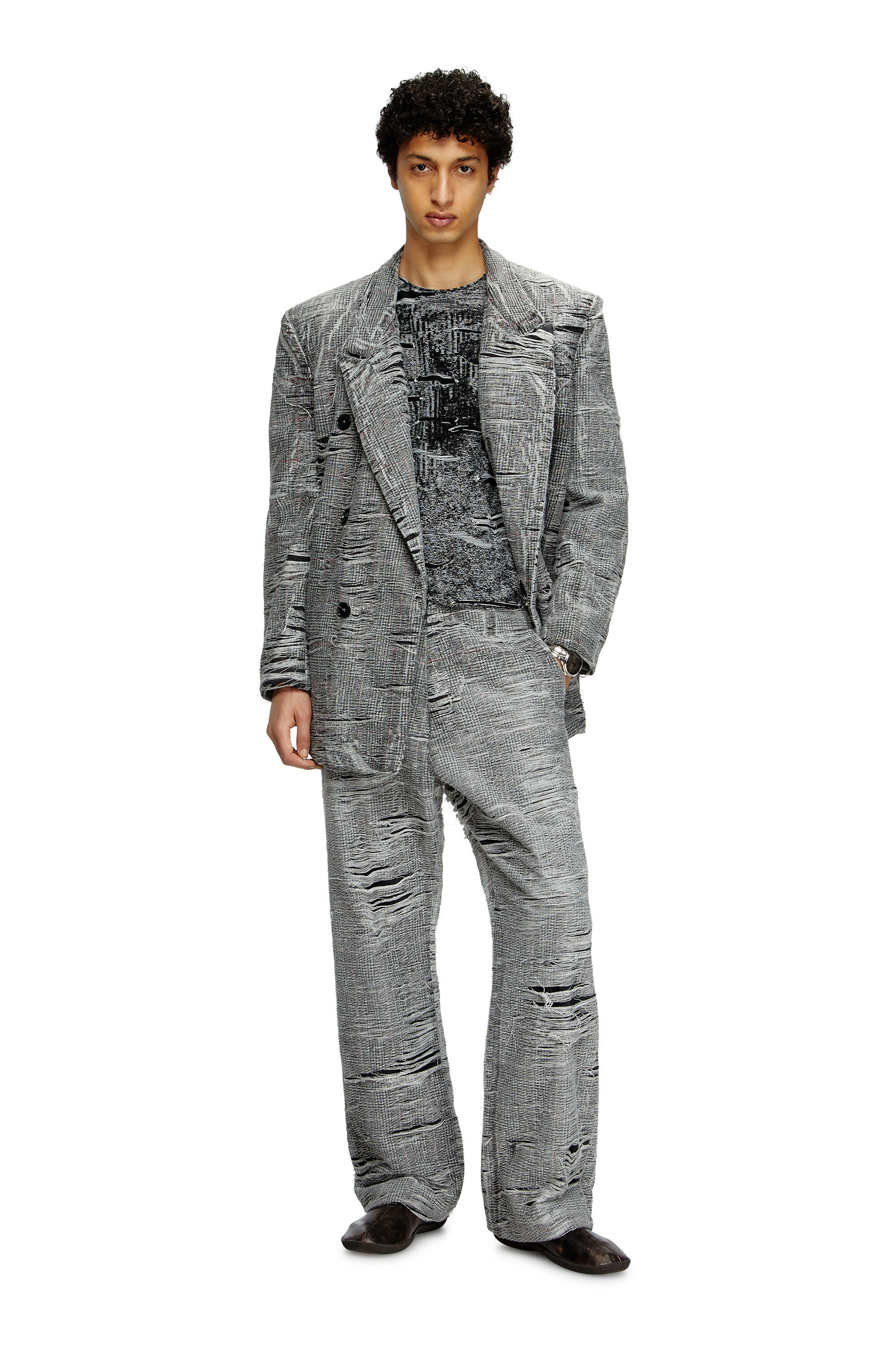 Diesel - D-PEKKA-FSG, Americana en tejido denim Príncipe de Gales con efecto desgastado Hombre in Gris - 1