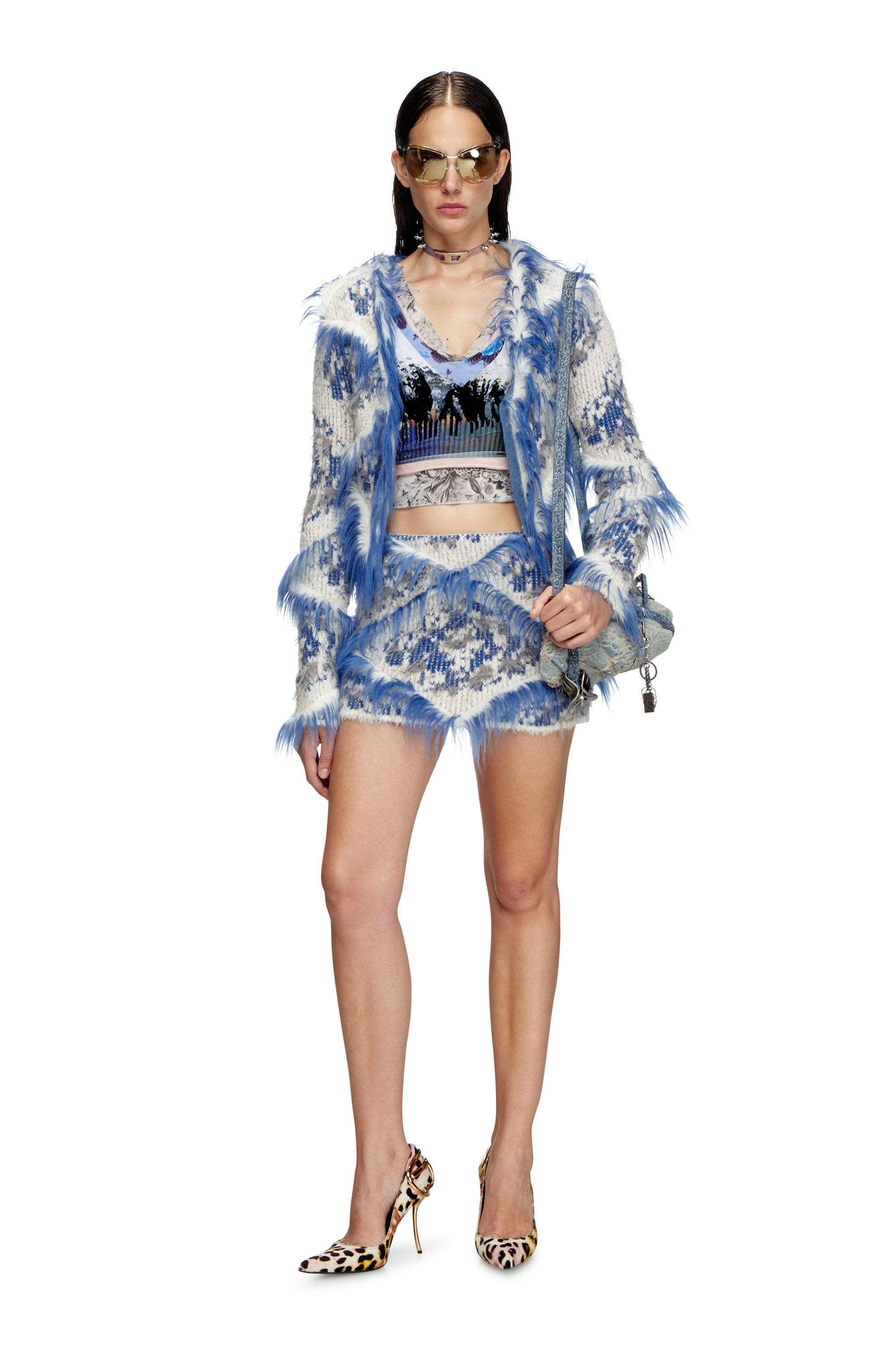 Women's Cropped argyle cardigan with fuzzy trims | Blue | Diesel