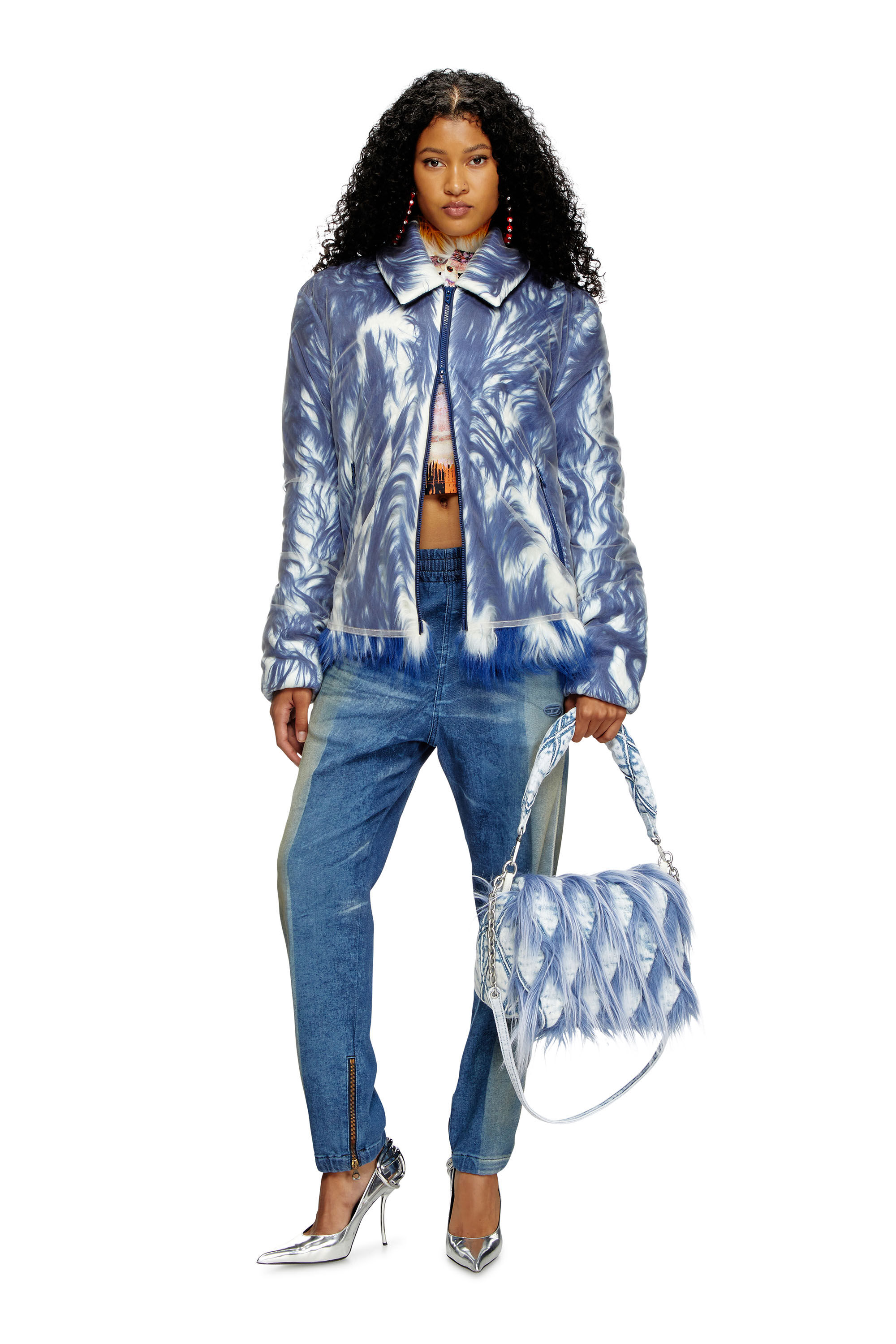 Diesel - CHARM-D SHOULDER M, Woman's Charm-D M-Shoulder bag in denim and faux fur in Blue - 6