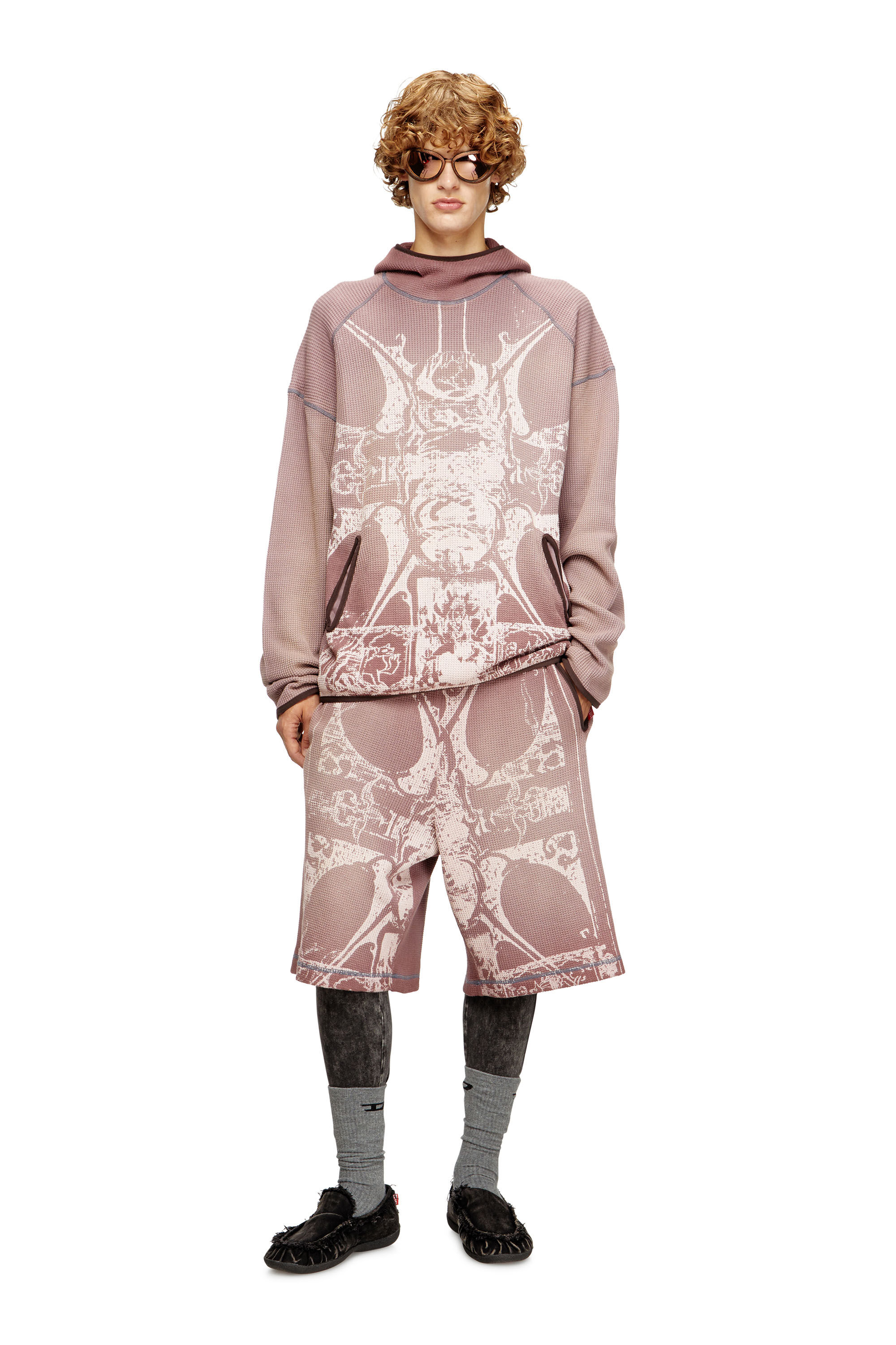 【Raucohouse】Faded washed vintage crack long sleeve Men's Faded waffle hoodie with graphic print | Violet | Diesel