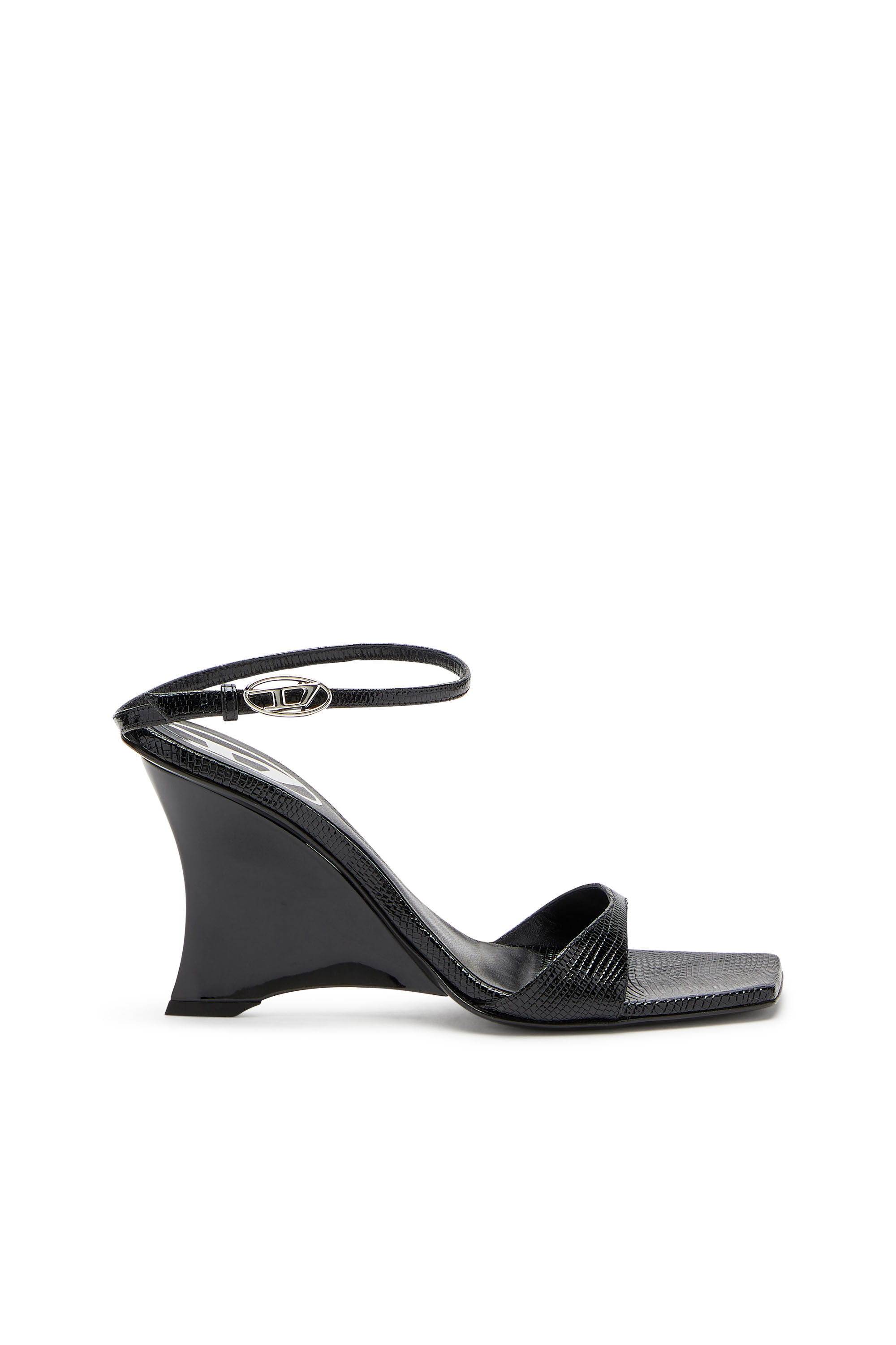 Diesel - D-AMBER SANDAL WEDGE, Sandalias de cuña en cuero efecto lagarto Mujer in Negro - 1