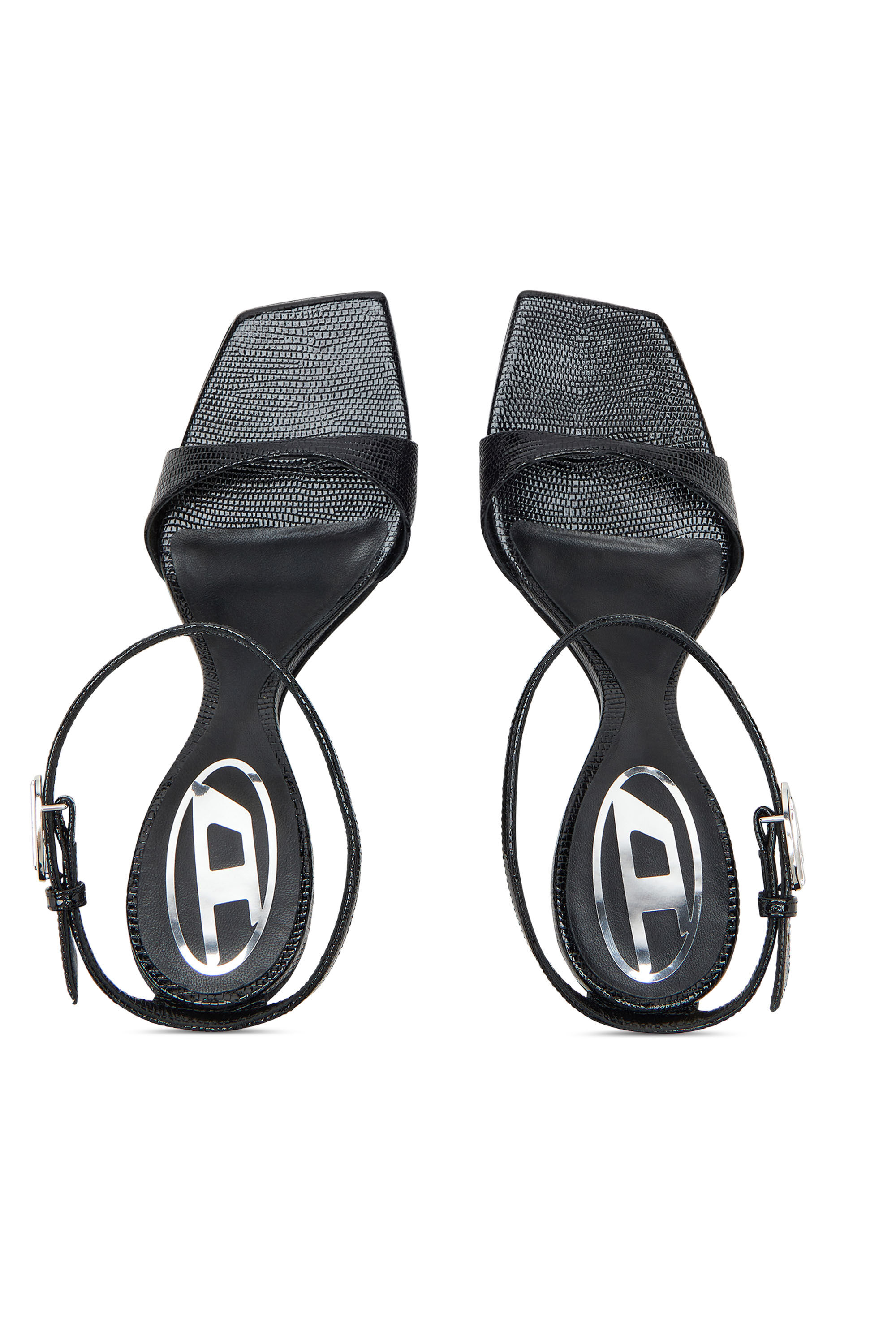 Diesel - D-AMBER SANDAL WEDGE, Sandalias de cuña en cuero efecto lagarto Mujer in Negro - 5