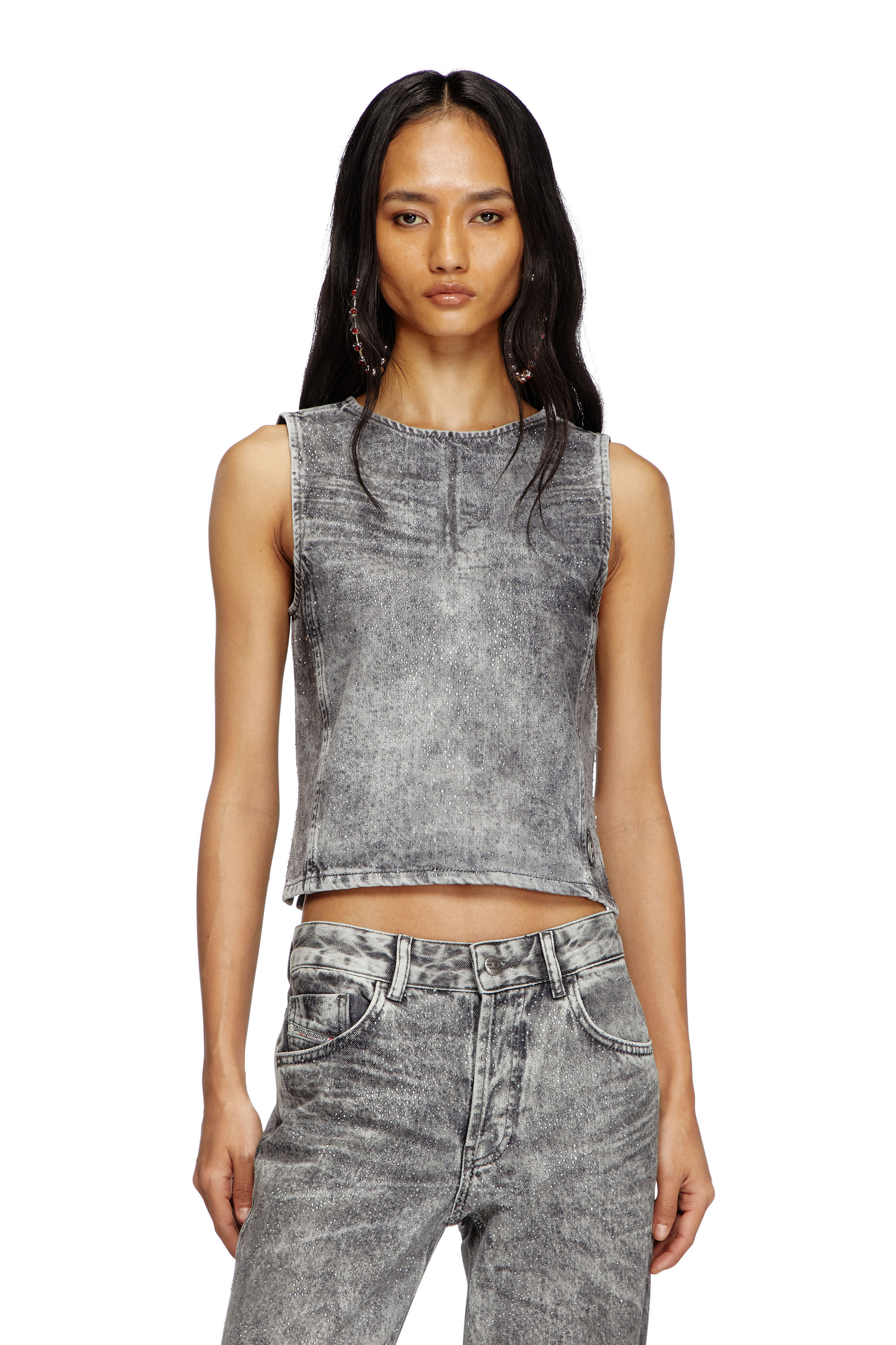 Diesel - DE-PINAR-S, Top sin mangas en denim con cristales Mujer in Gris - 3