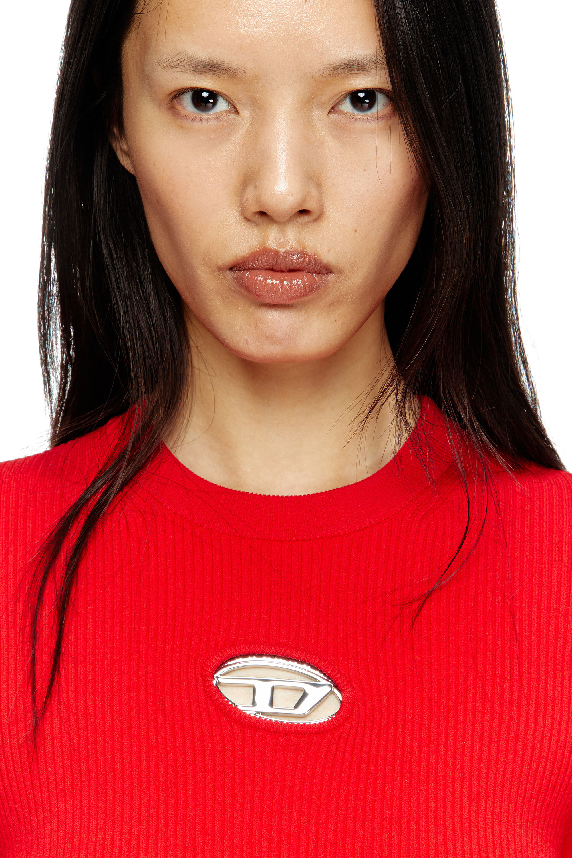 Women's Rib-knit viscose-blend top with Oval D | Red | Diesel