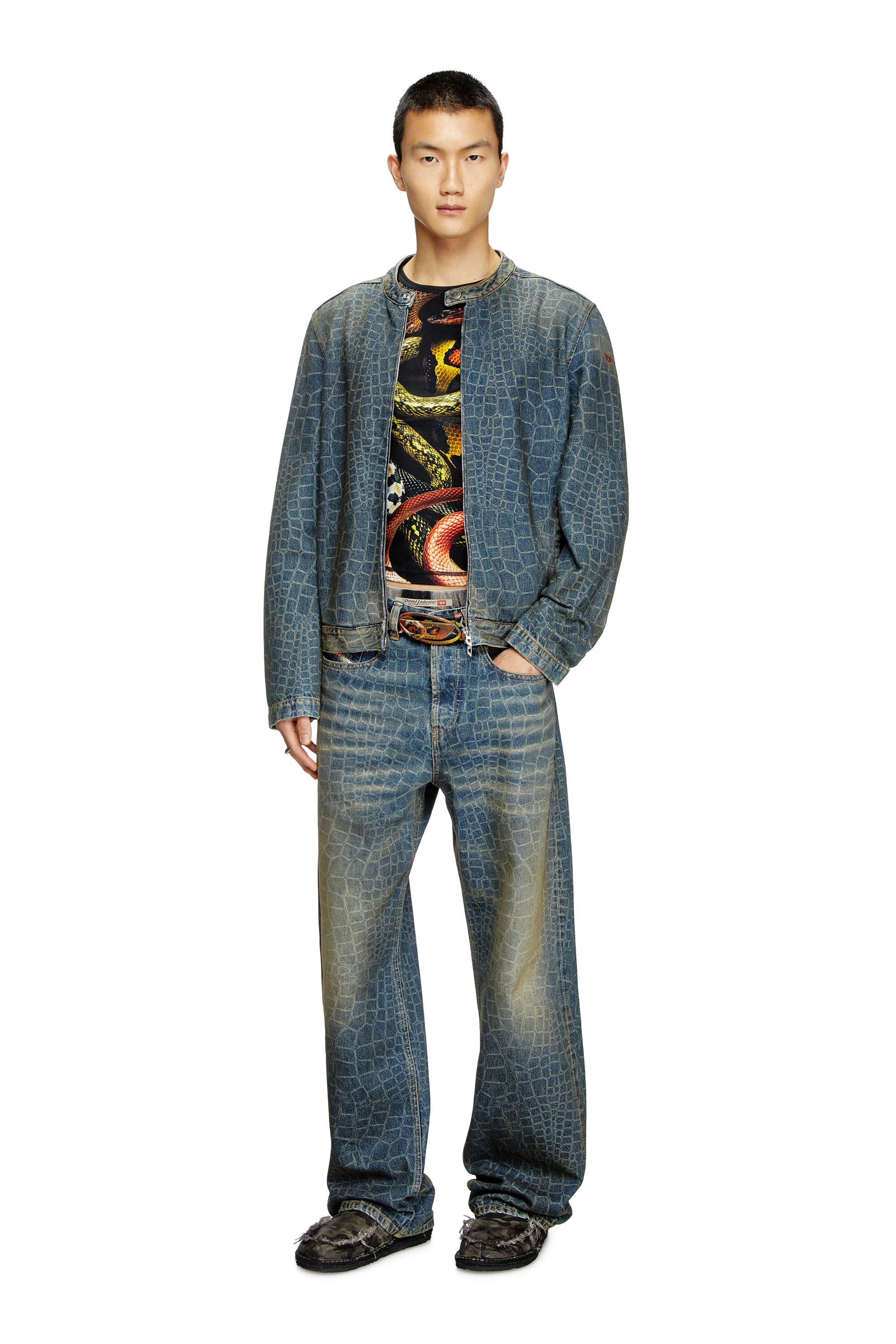 Men's Moto jacket in snake-print denim | Blue | Diesel