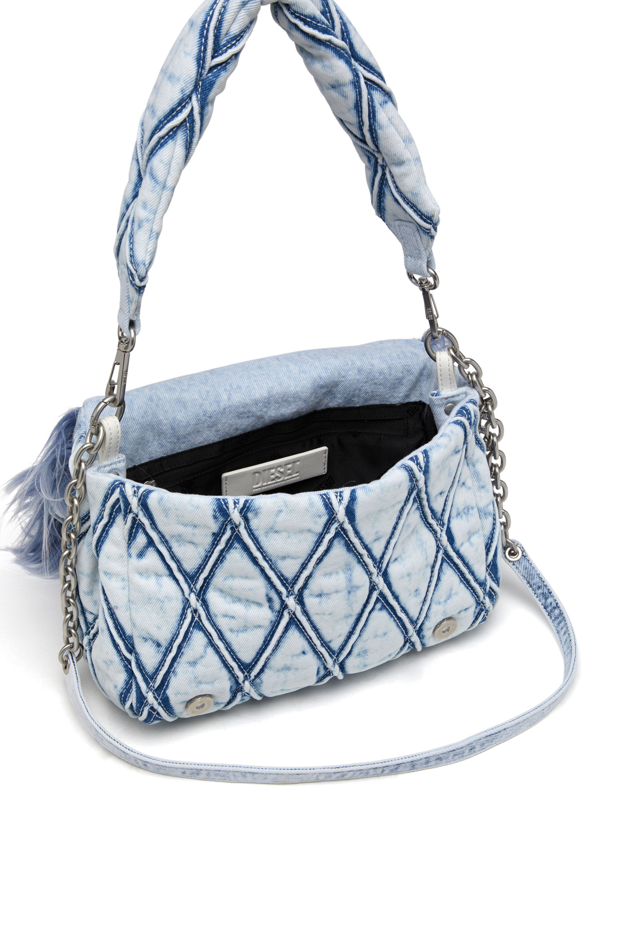 Diesel - CHARM-D SHOULDER M, Woman's Charm-D M-Shoulder bag in denim and faux fur in Blue - 2