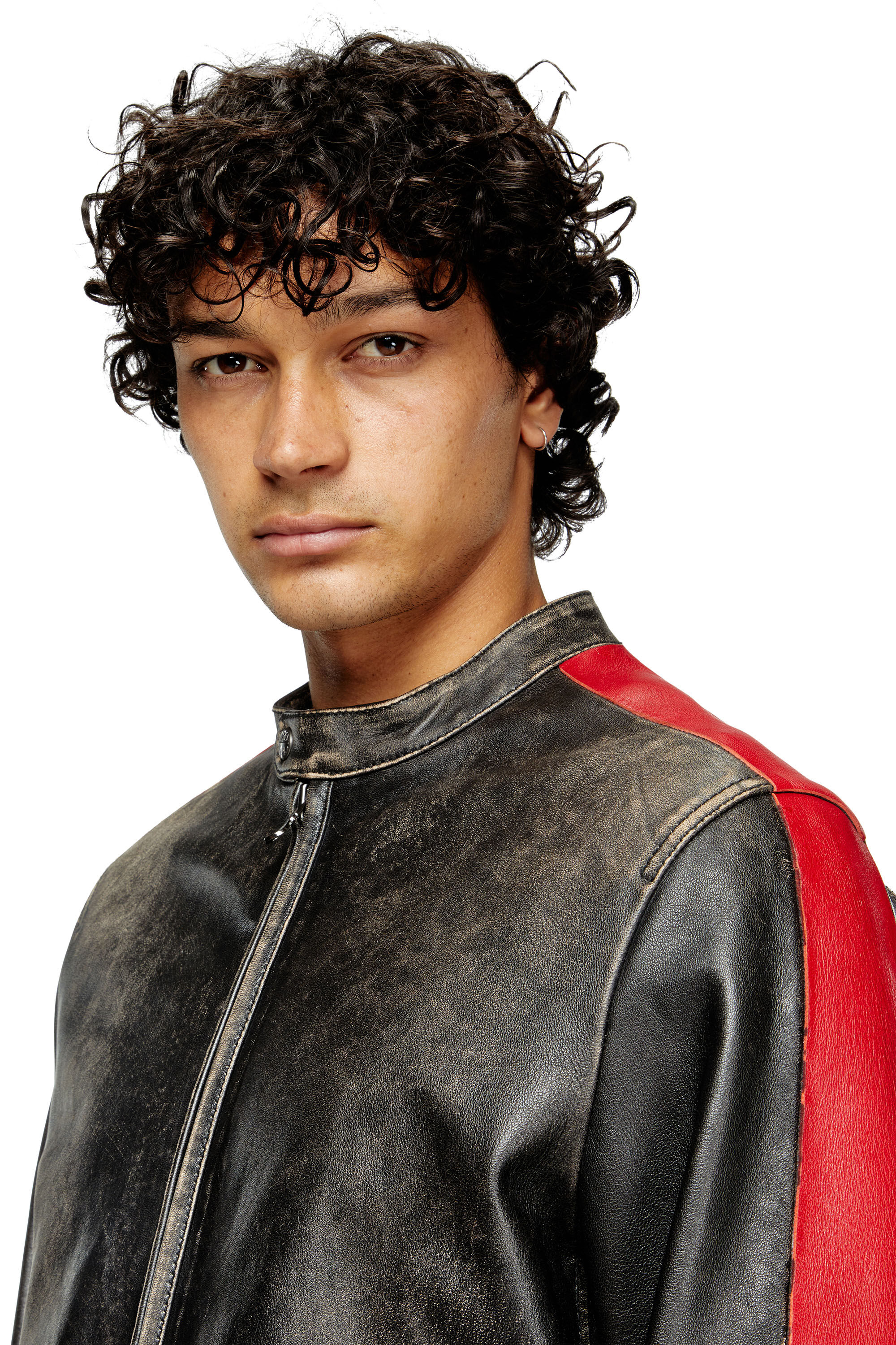 Diesel - L-RENN, Man's Leather jacket with contrasting stripes in Black/Red - 4