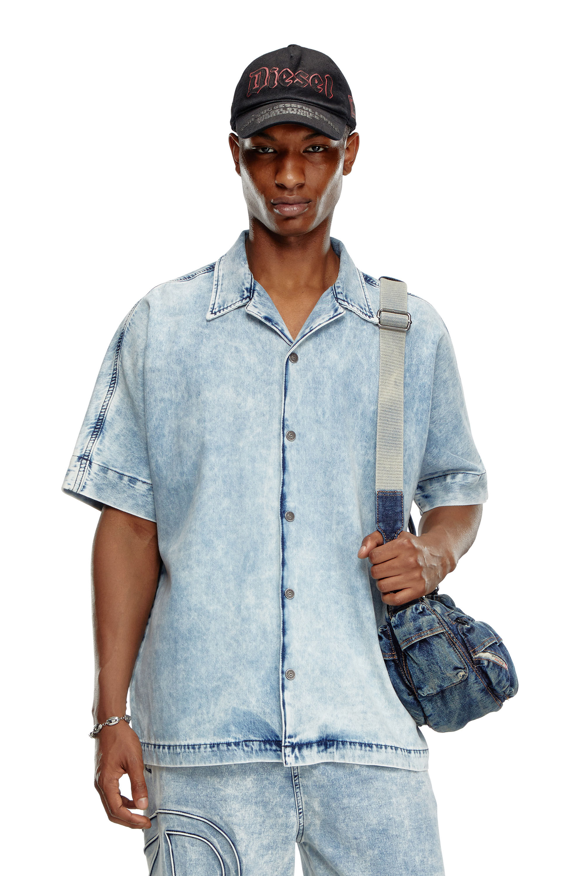 Diesel - D-NABIL-S, Man's Denim bowling shirt with Oval D in Light Blue - 5