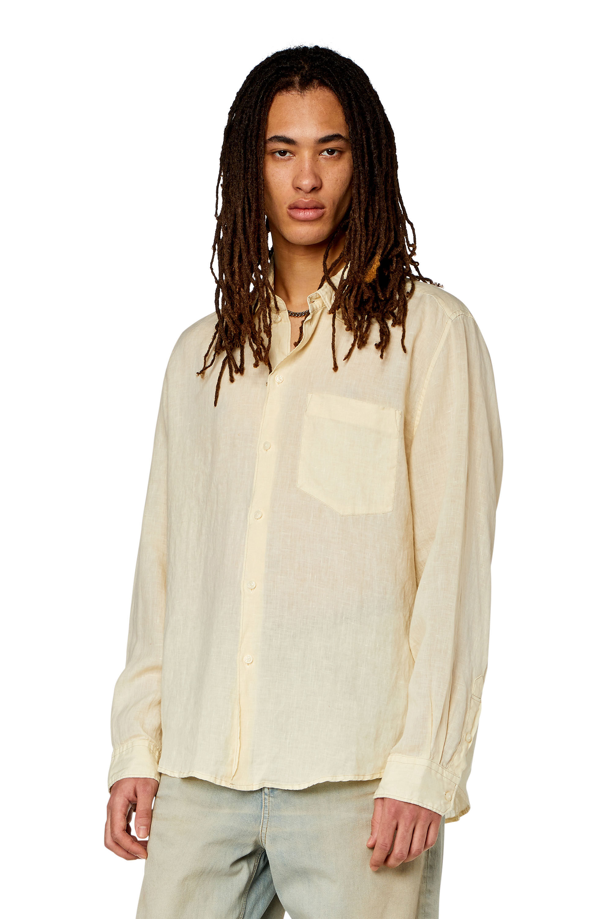 Men's Linen shirt with logo collar | Beige | Diesel