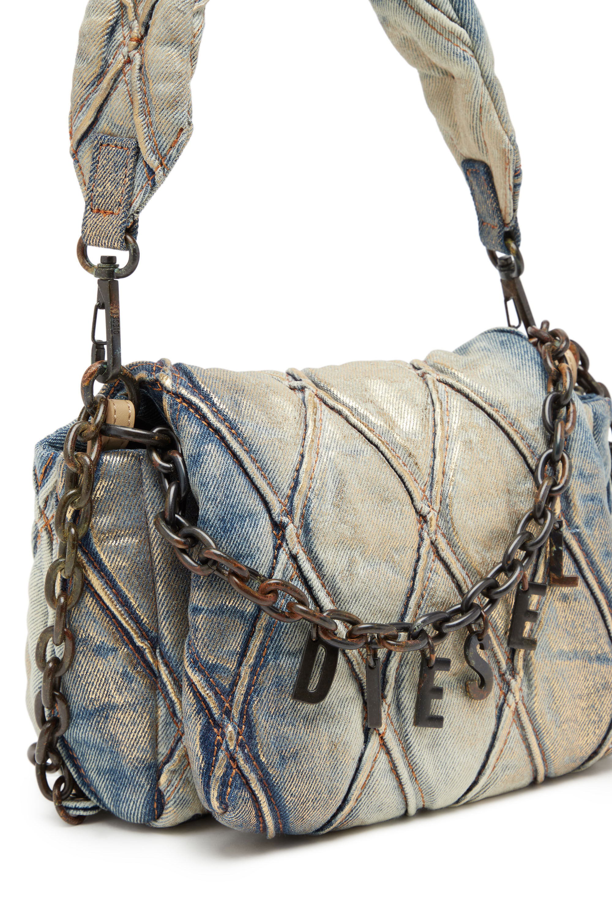 Women's Charm-D Shoulder S bag in metallic quilted Denim | Diesel