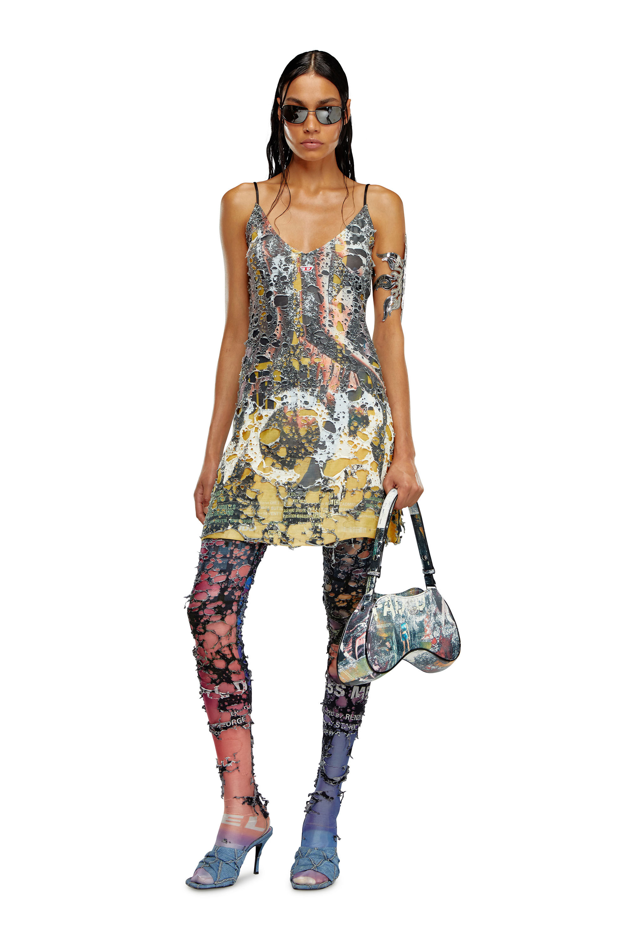 Women s Destroyed tights with cinema prints Multicolor Diesel