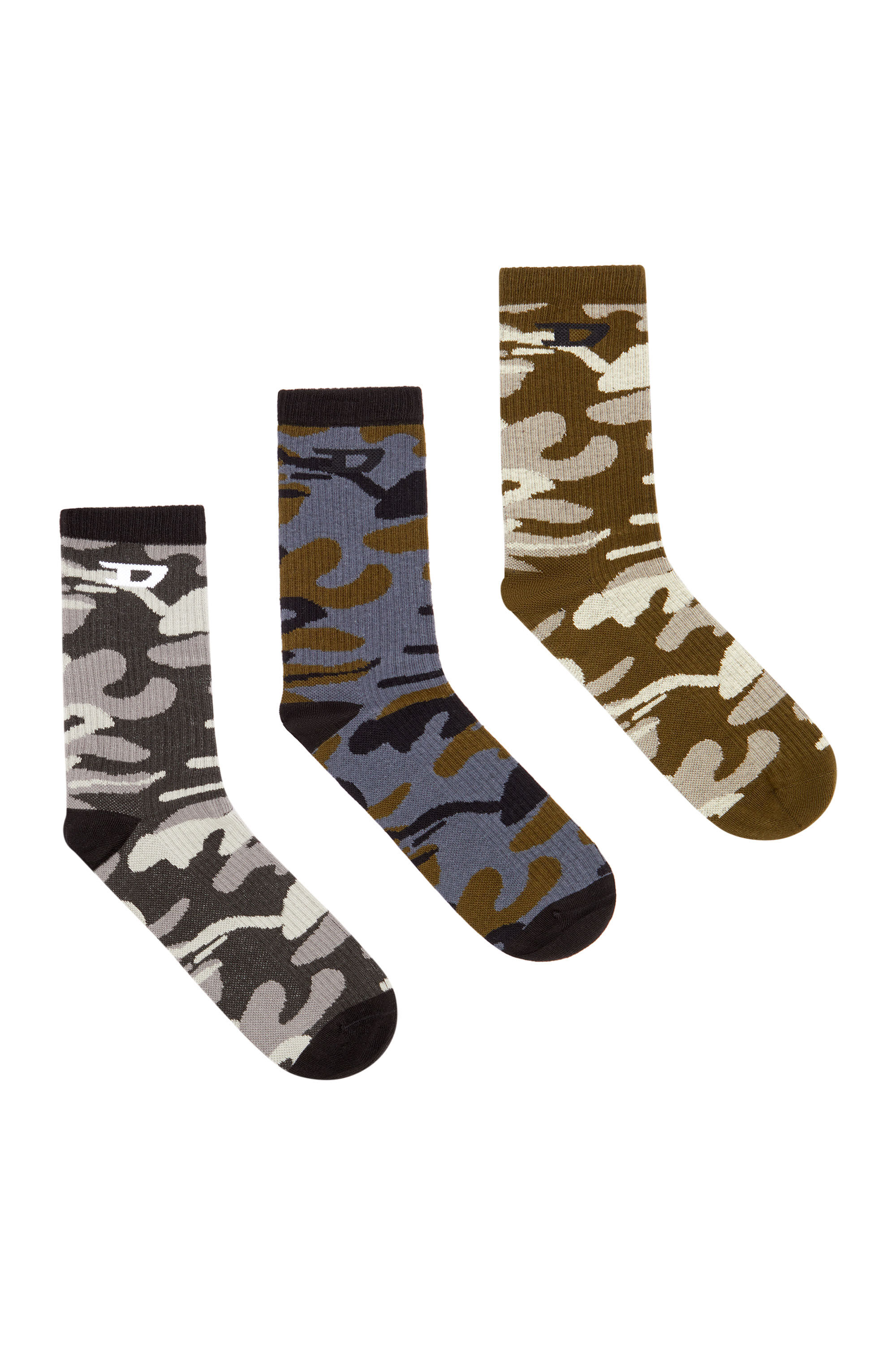 Diesel - SKM-D-CREW-LIGHT-SOCKS, Man's 3-pack of ribbed camo socks in Black/Brown - 1
