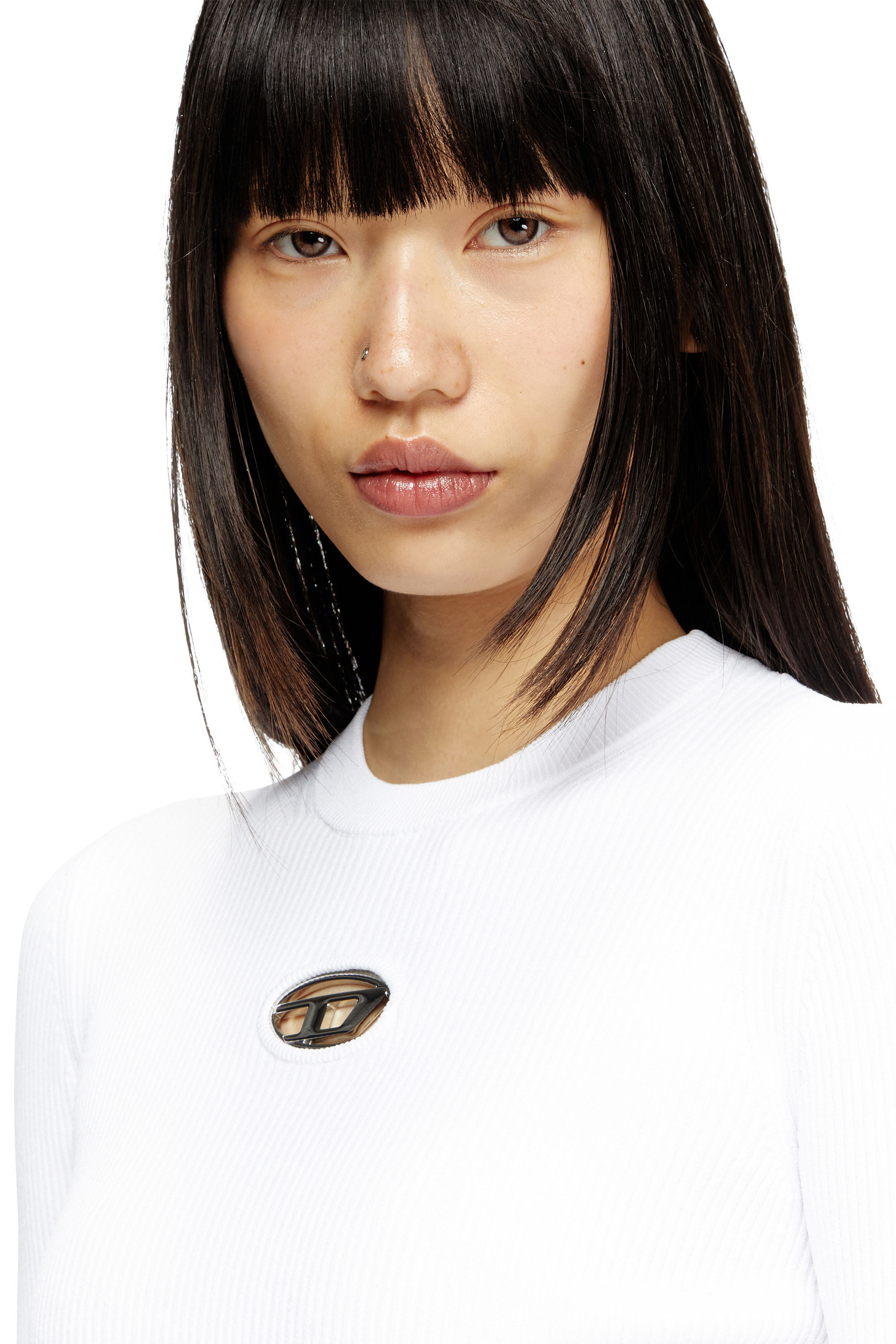 Diesel - M-VALARI, Woman's Rib-knit viscose-blend top with Oval D in White - 4