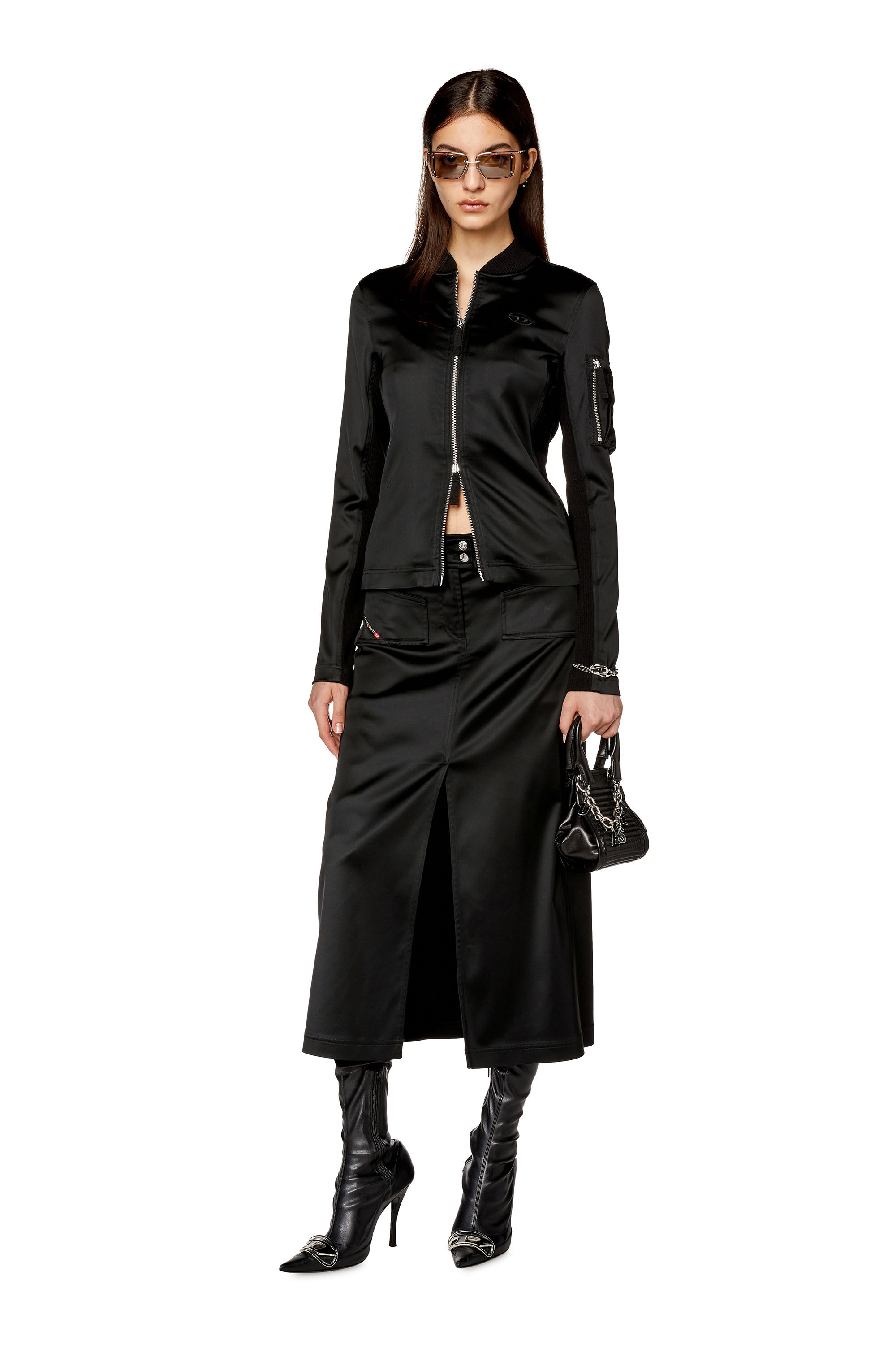 Diesel - T-OPUN, Chaqueta deportiva de satén elástico brillante Mujer in Negro - 1