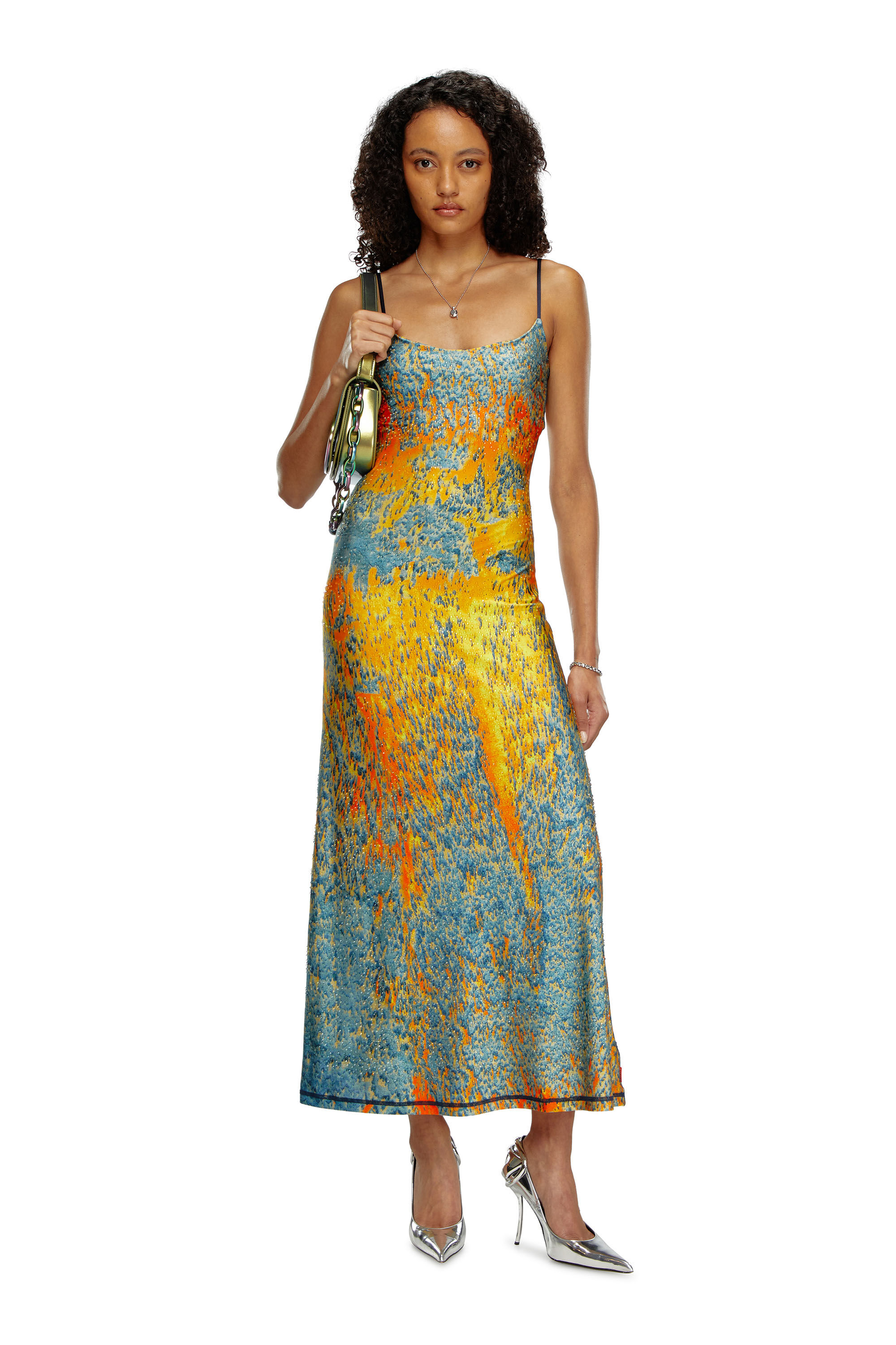 Women's Long printed dress with clear crystals | Multicolor | Diesel