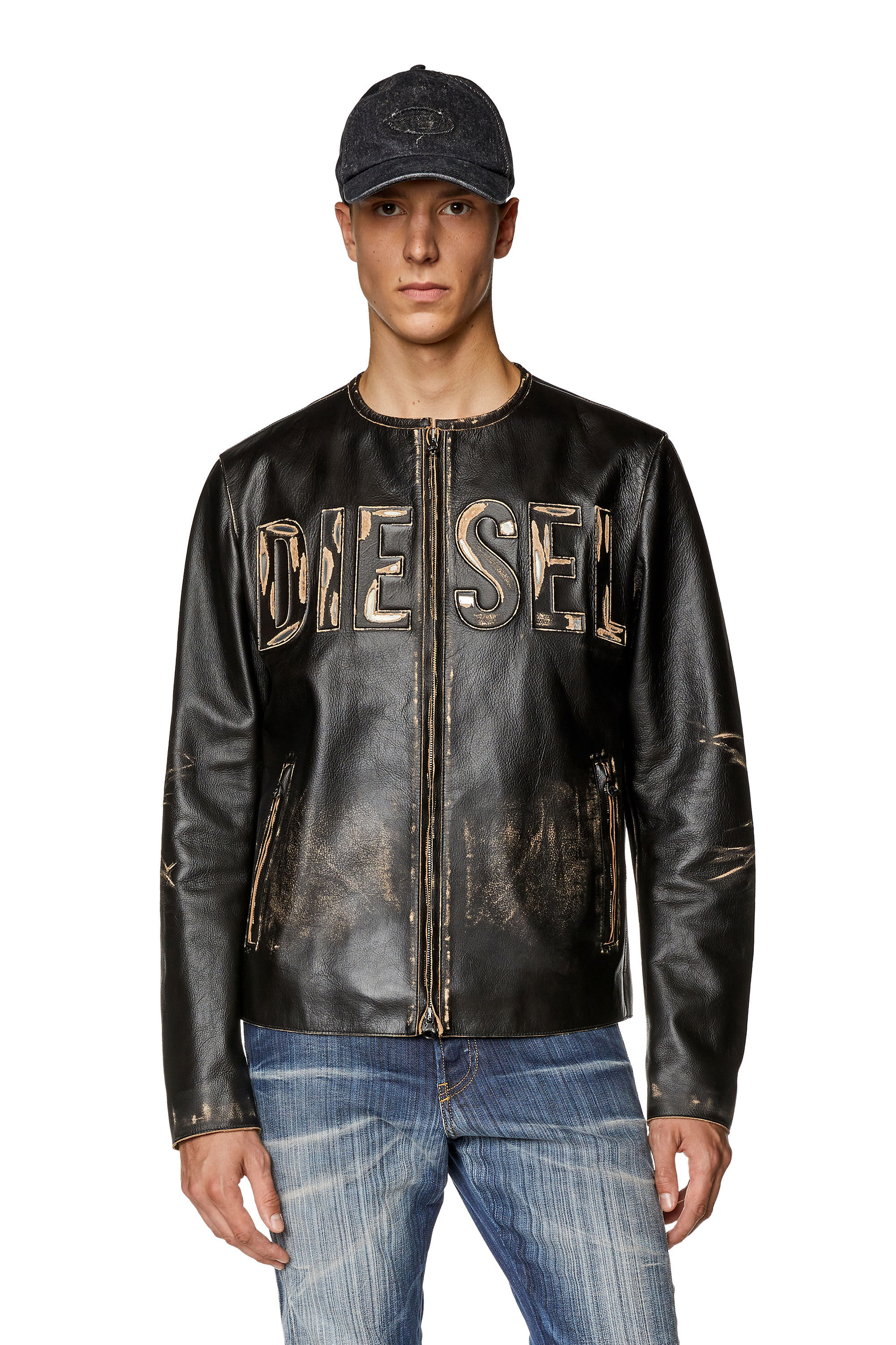 Men's Distressed leather jacket with metal logo | L-MET Diesel