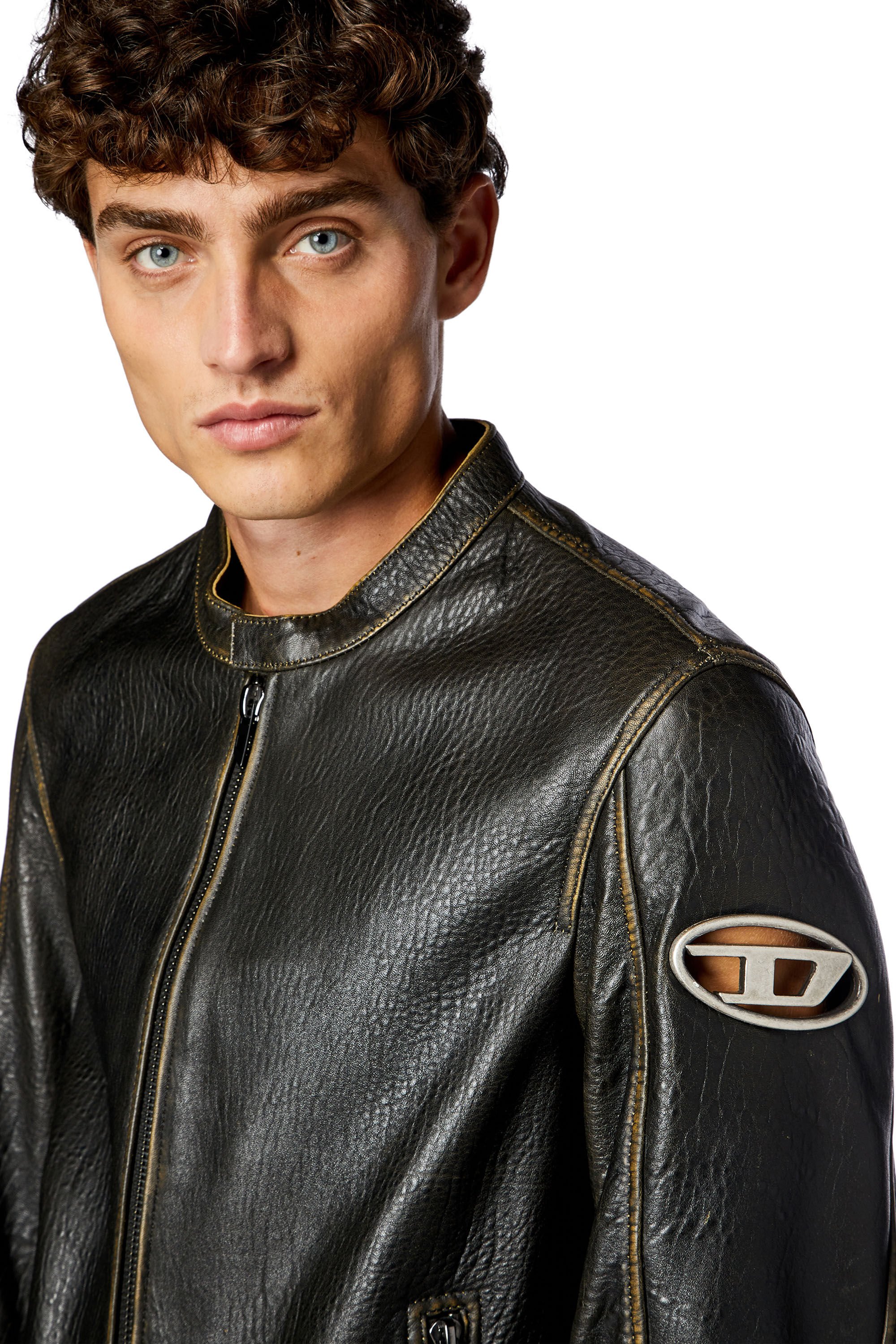 Diesel - L-COBBE, Man Biker jacket in wrinkled leather in Brown - Image 4