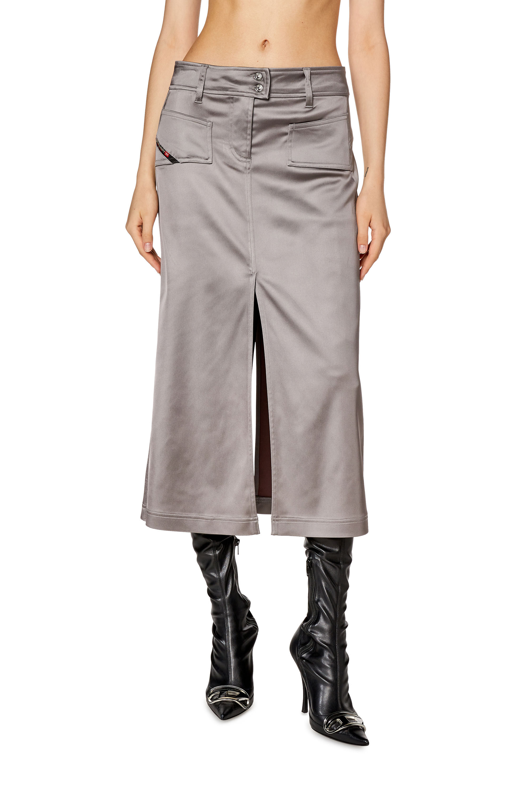 Diesel - O-YIN, Woman's Midi skirt in shiny stretch satin in Grey - 3