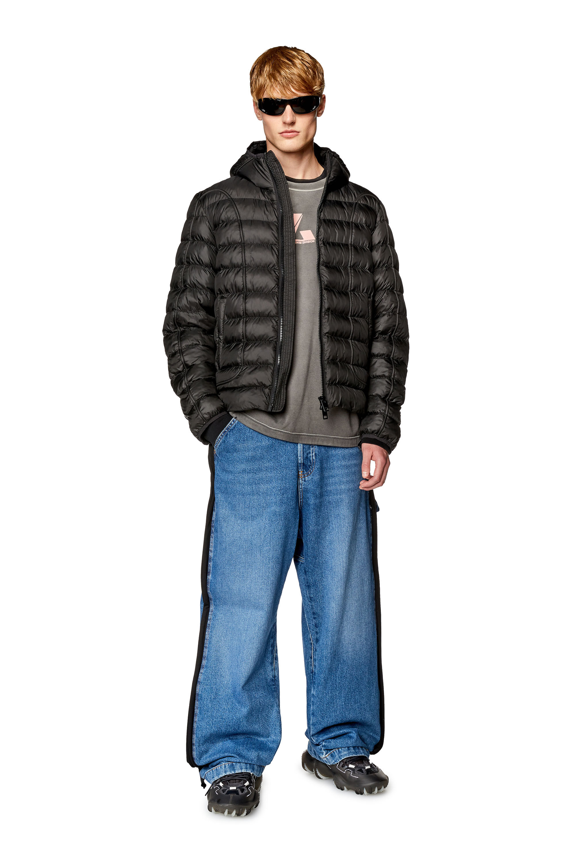 Diesel - W-SCOTTYS, Man's Hooded nylon puffer jacket with piping in Black - 1