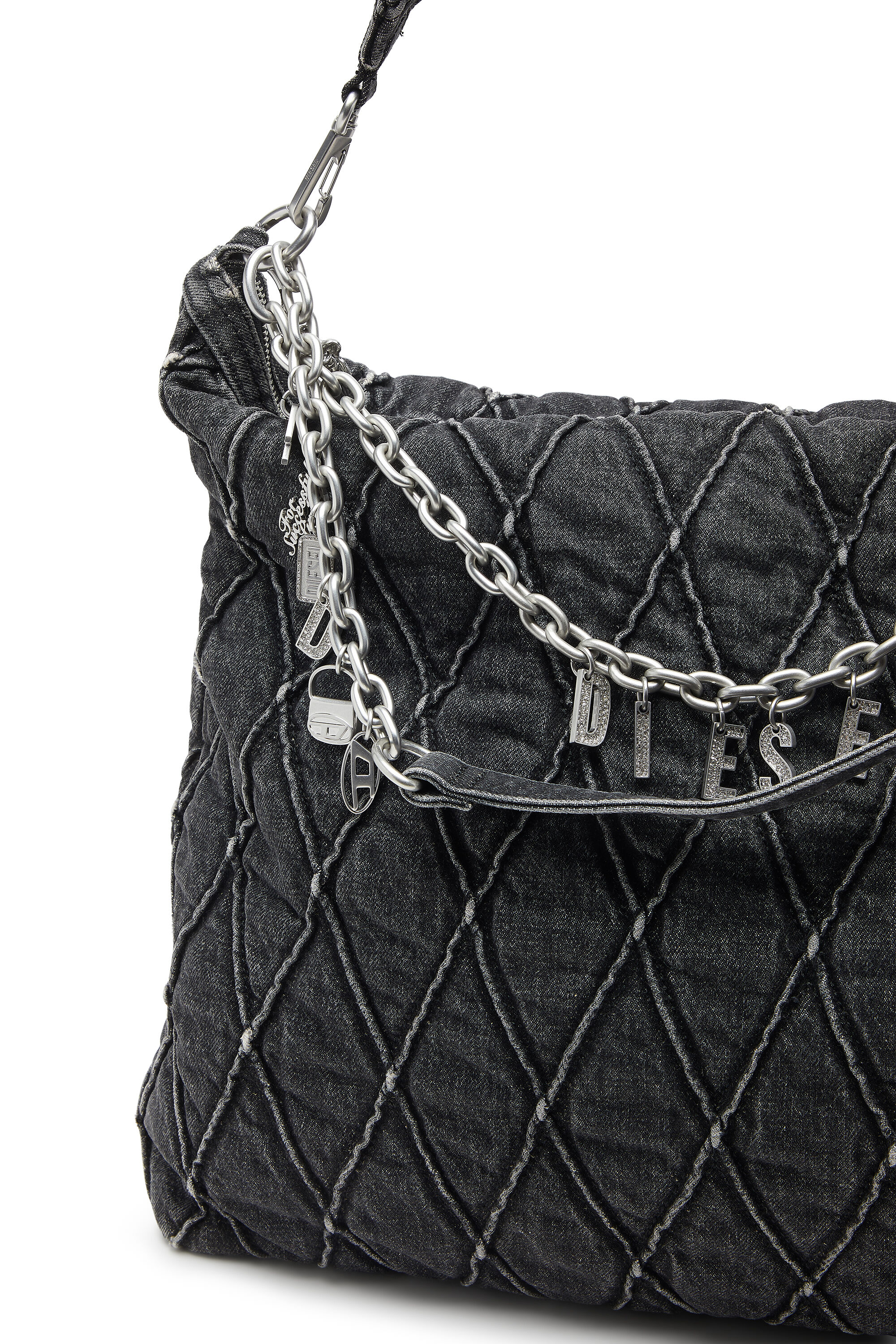 Diesel - HOSHI CHARM-D HOBO, Woman's Quilted-denim hobo bag with chain charms in Black - 5