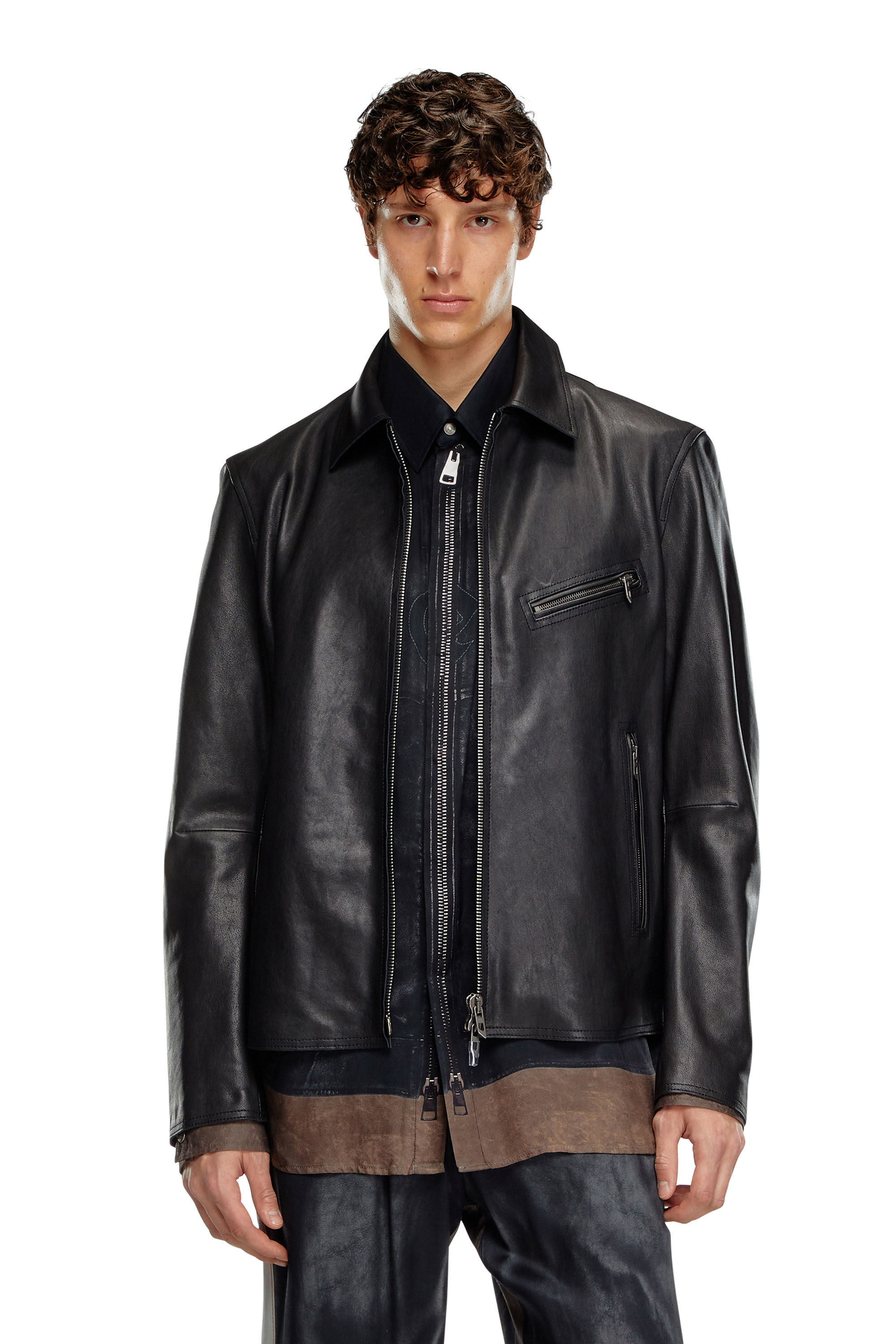 Men s Leather jacket with embossed Oval D Black Diesel