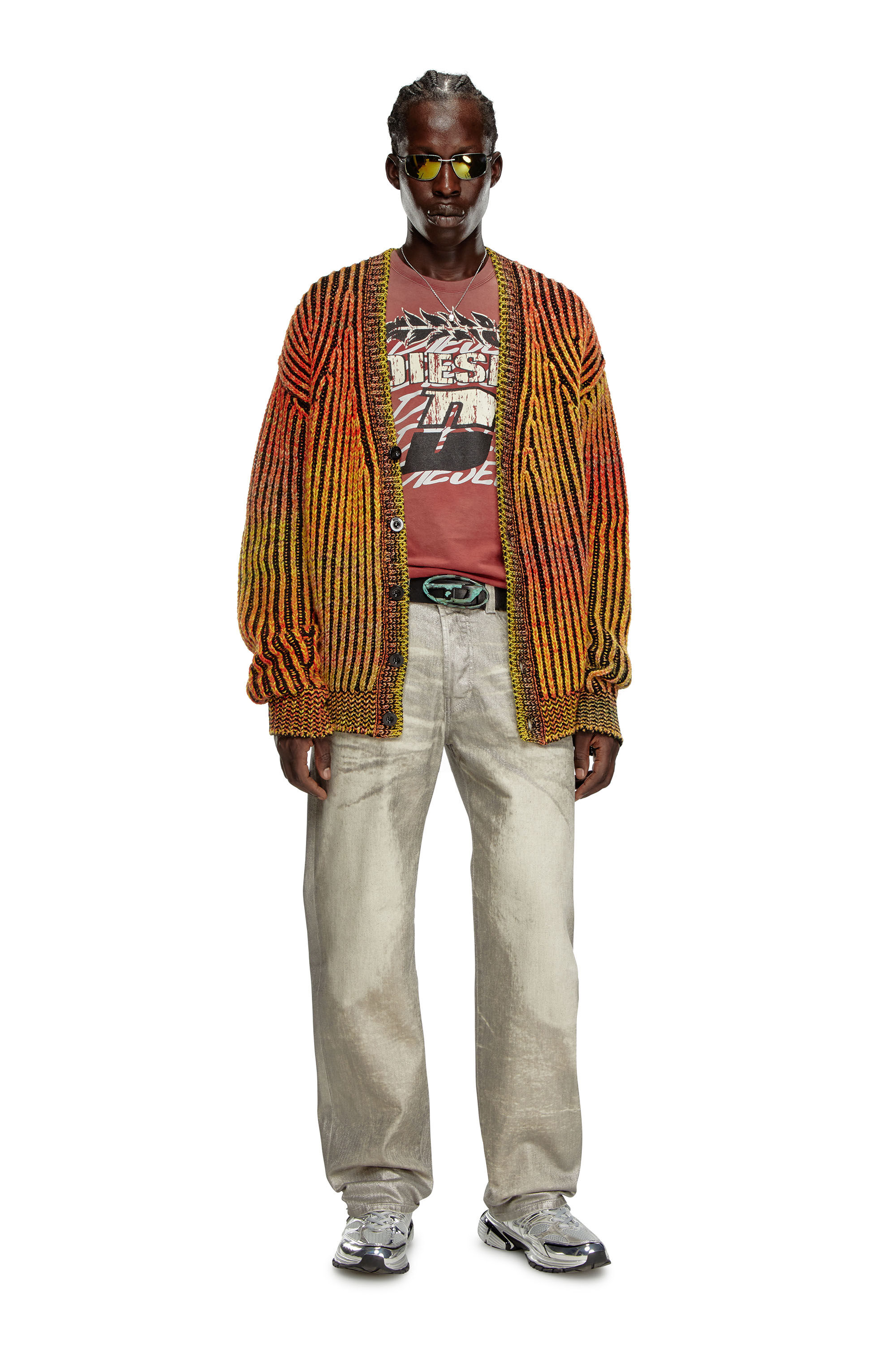 Men's Striped ribbed cardigan in wool blend | Orange | Diesel