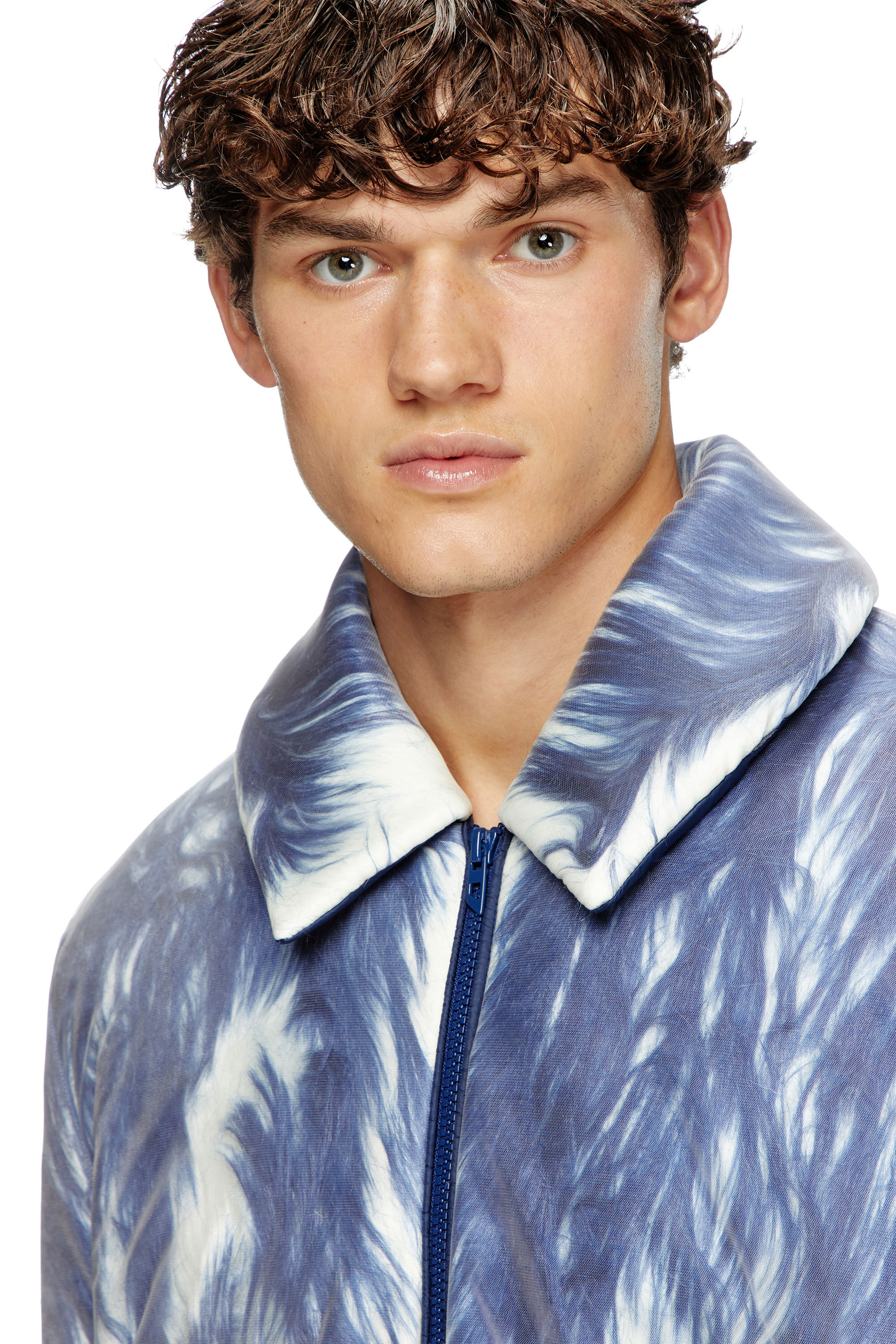 Diesel - W-WOUFY, Man's Fluffy jacket with sheer tulle overlay in Blue - 4