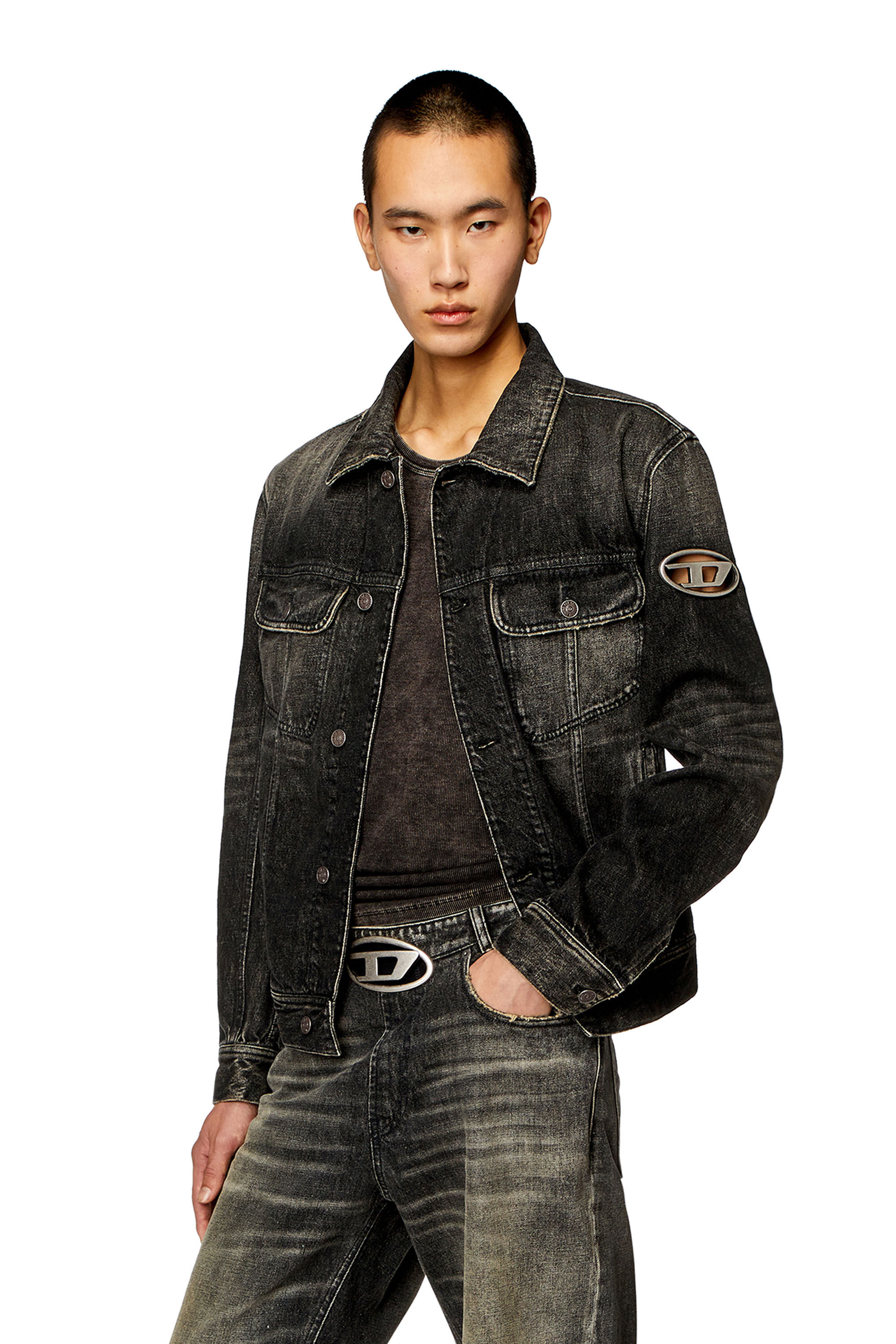 Men's Regular-fit trucker jacket with cut-out logo | Black