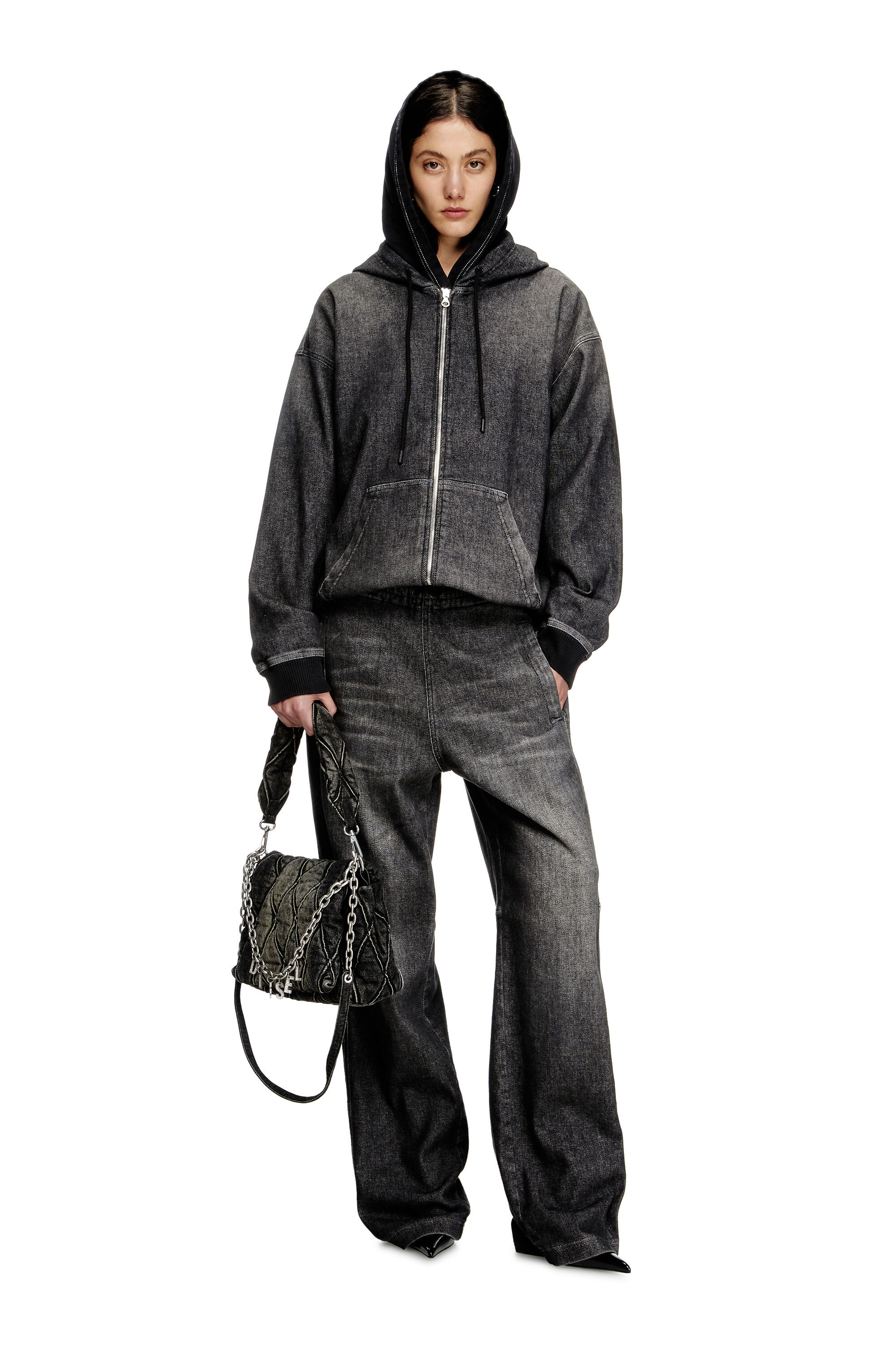 Women's Zipped hoodie in dirt-effect Track Denim | Black | Diesel