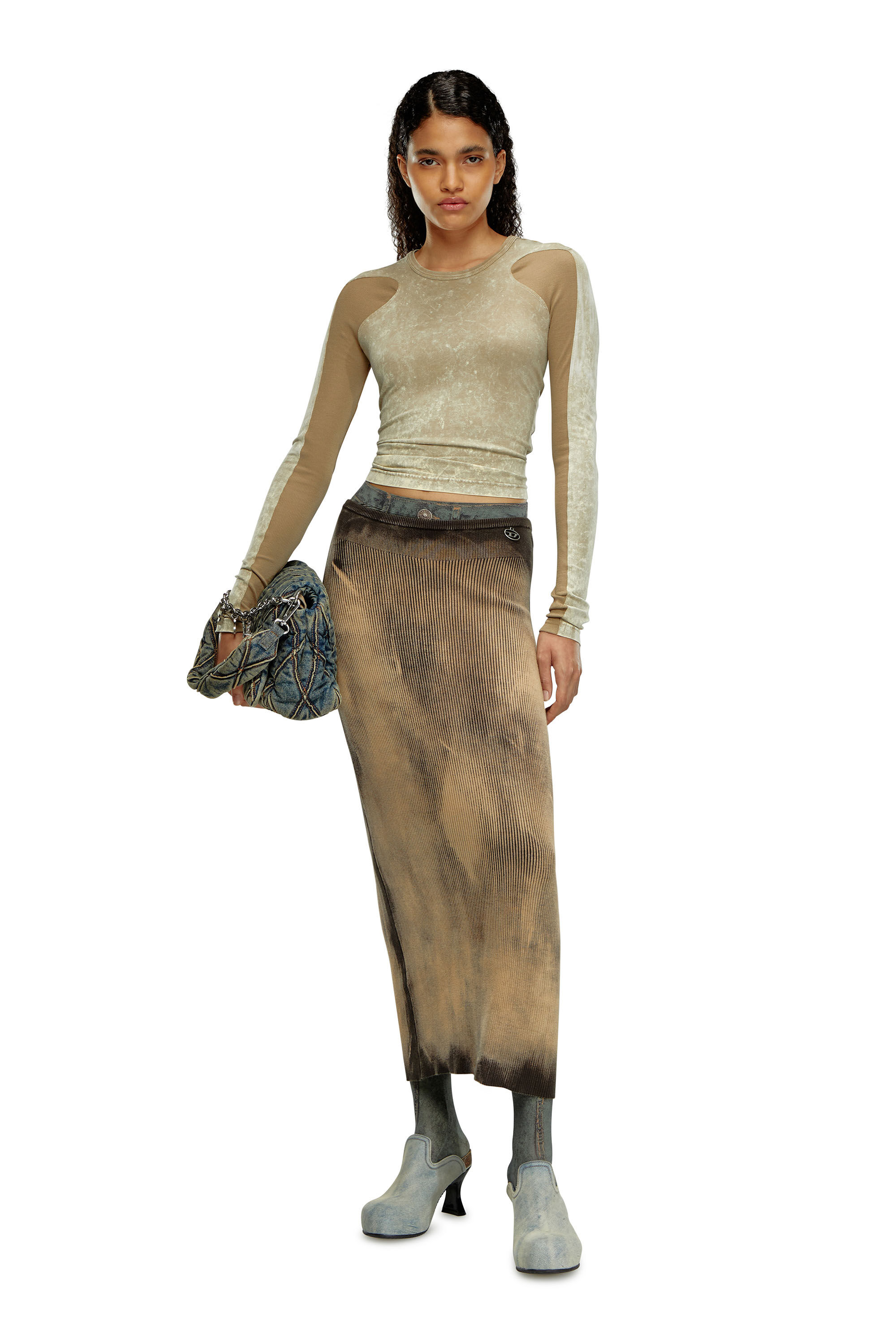Women's Midi skirt in treated ribbed knit | Brown | Diesel