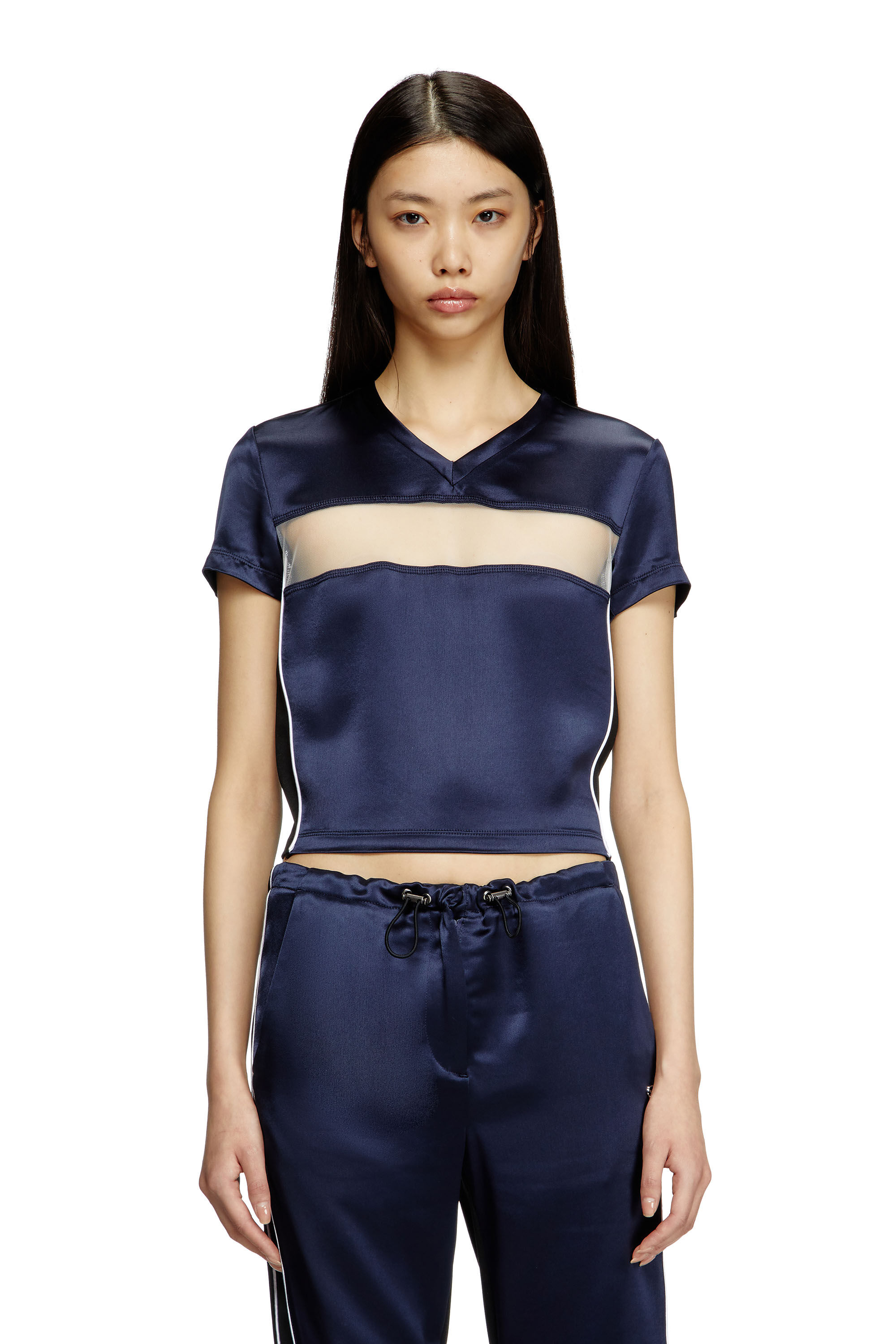 Women's Cropped T-shirt in satin, knit and tulle | Blue | Diesel