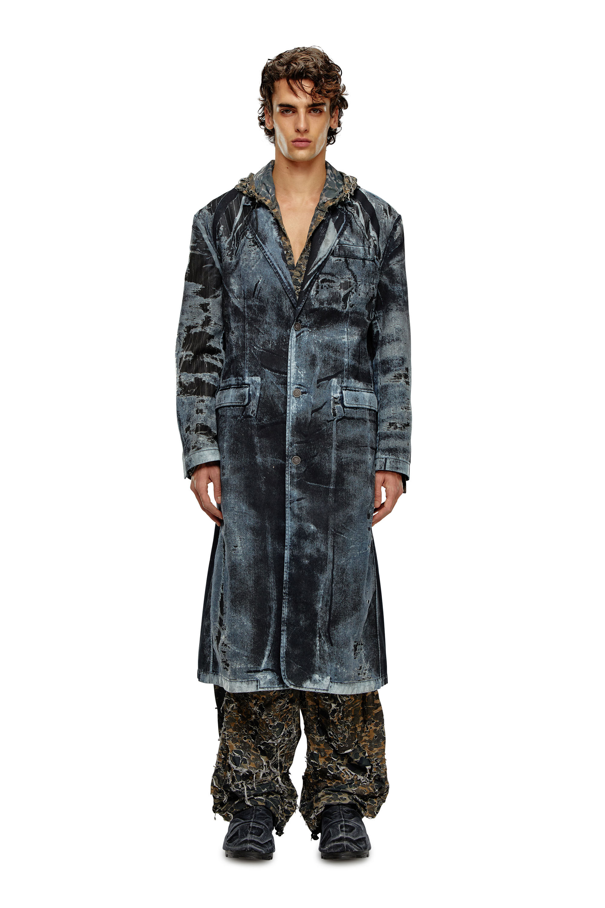 Men's trench Coat in pinstriped devoré Denim | Blue | Diesel