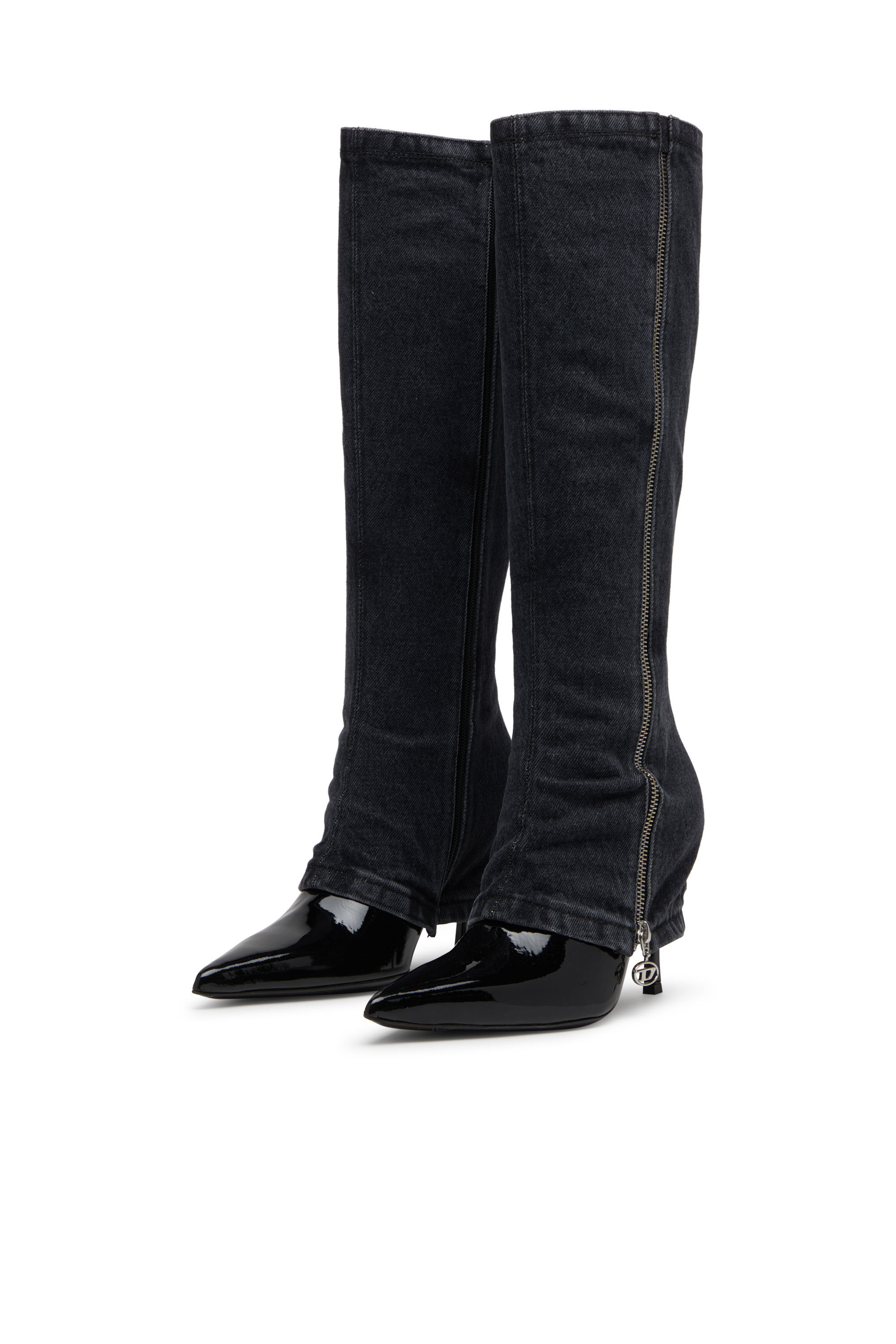 Diesel - D-VENUS TWISTED BOOT, D-Venus-Botas con tacones de aguja hasta la rodilla y efecto trampantojo de tejido vaquero Mujer in Negro - 7