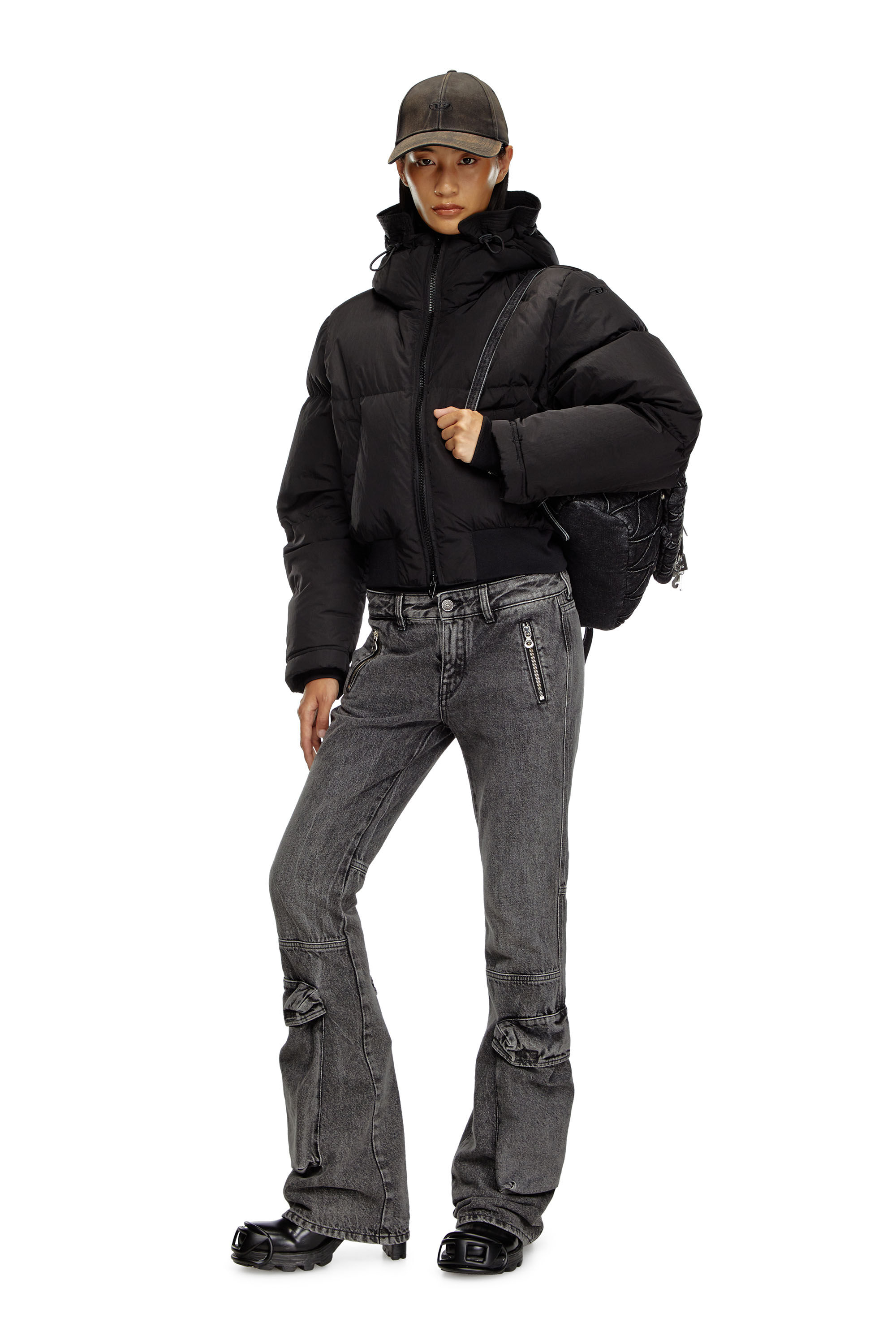 魅力的な価格 Women's Diesel | Black | nylon crinkled in jacket down Hooded ジャケット・アウター