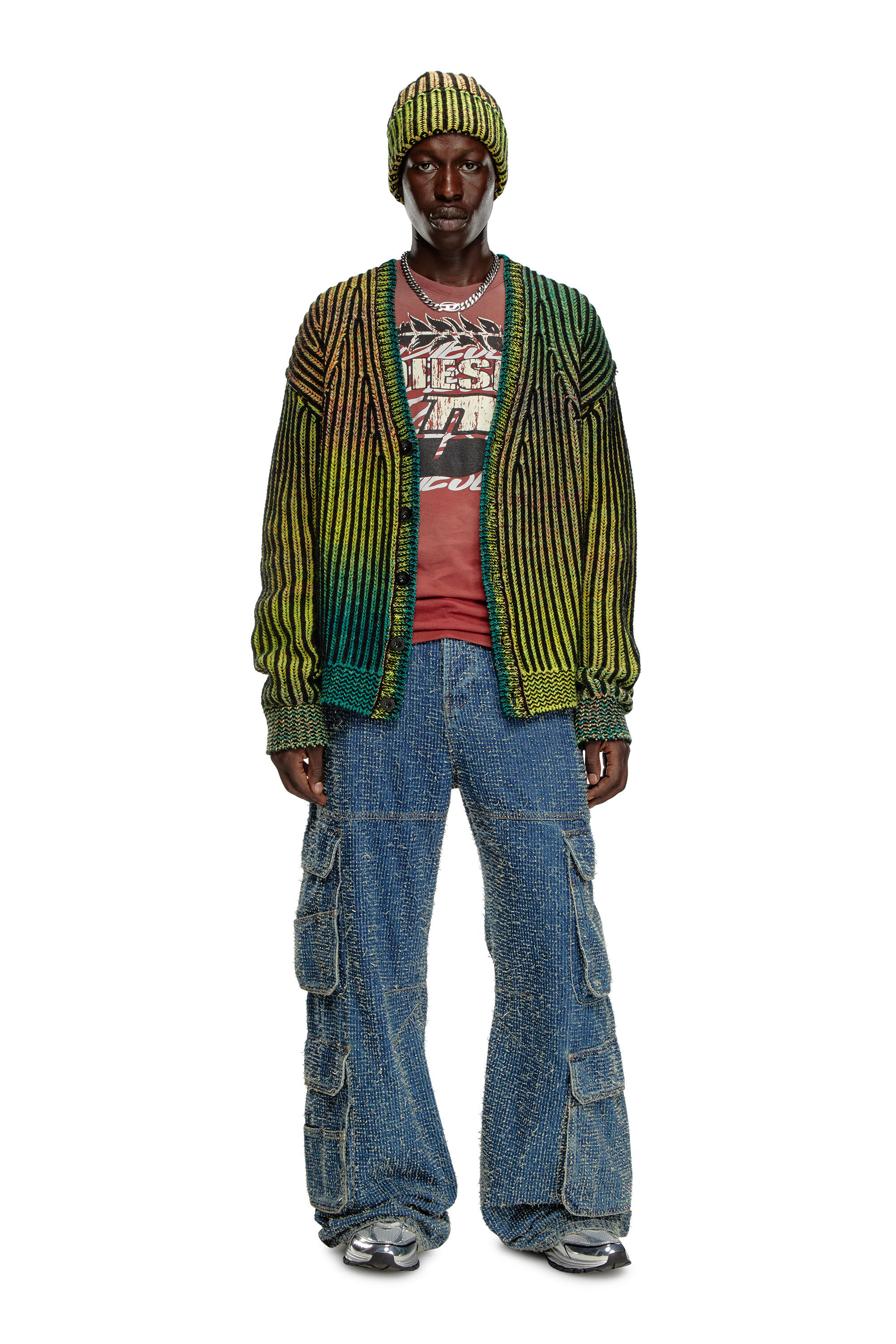 Diesel - K-OAKLAND-CR, Man's Striped ribbed cardigan in wool blend in Green - 1