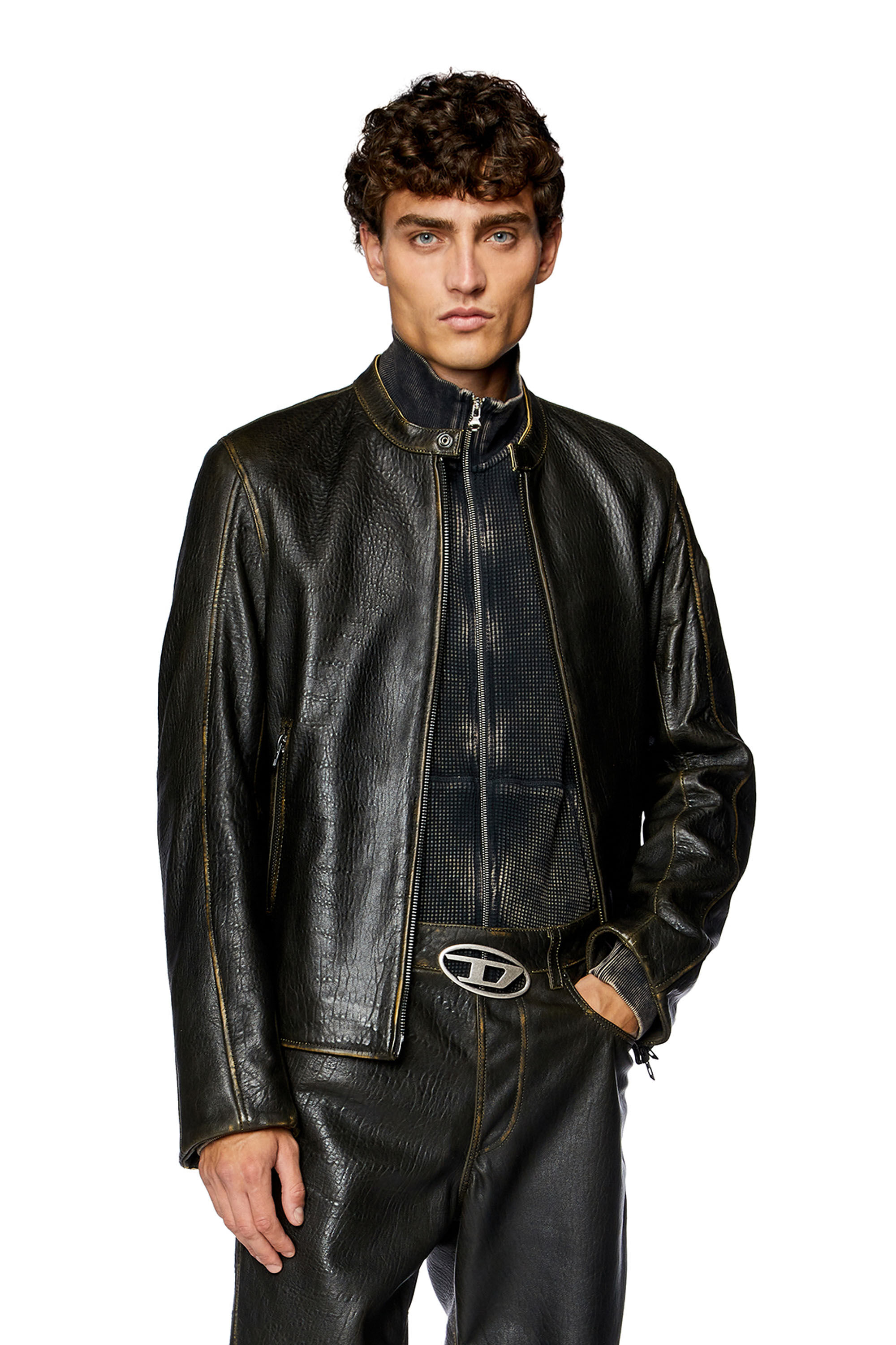 Diesel - L-COBBE, Man Biker jacket in wrinkled leather in Brown - Image 3