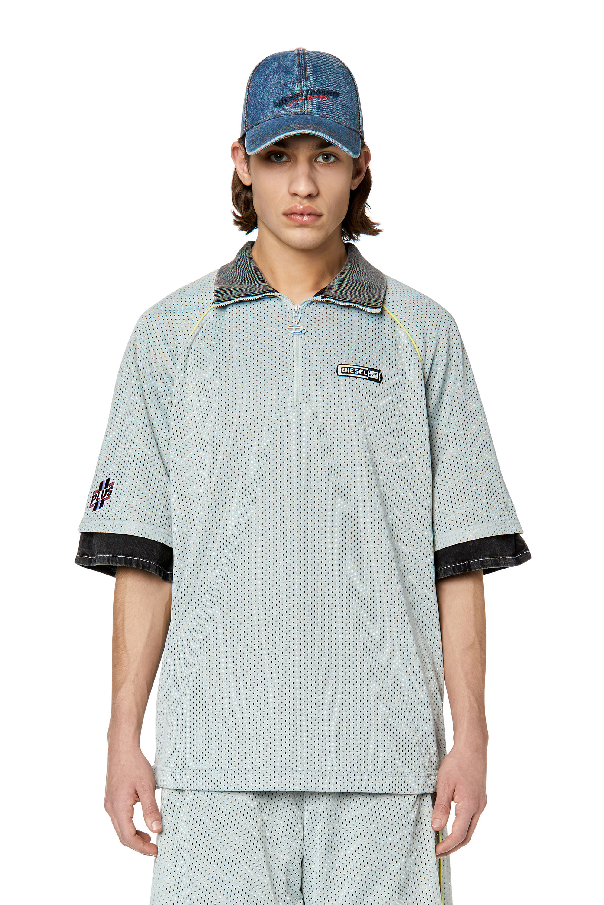 Diesel - T-MEC, Man's Mesh polo shirt with denim accents in Light Grey - 3