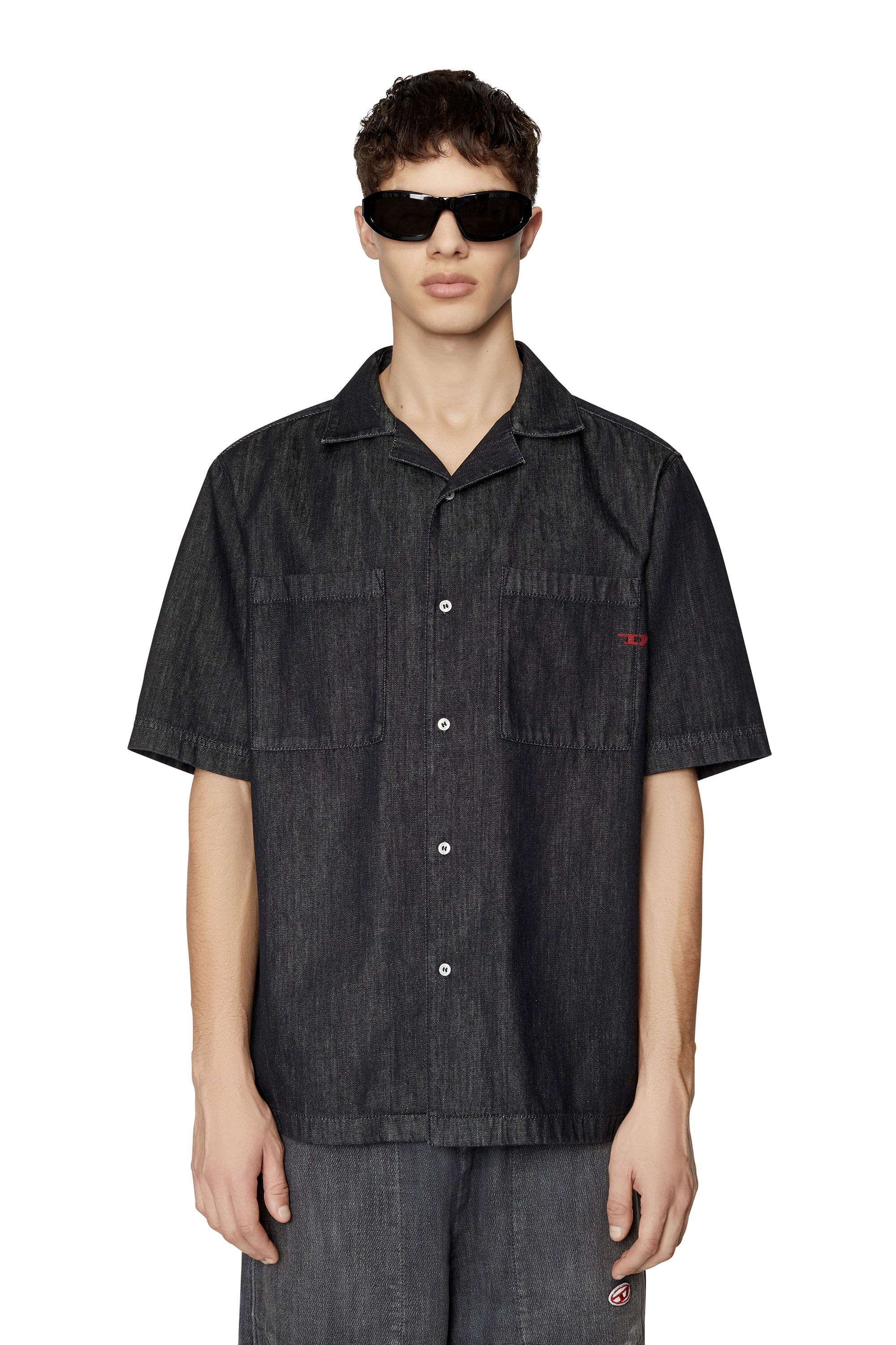 Diesel - D-PAROSHORT, Man's Bowling shirt in rinse denim in Black/Dark grey - 3