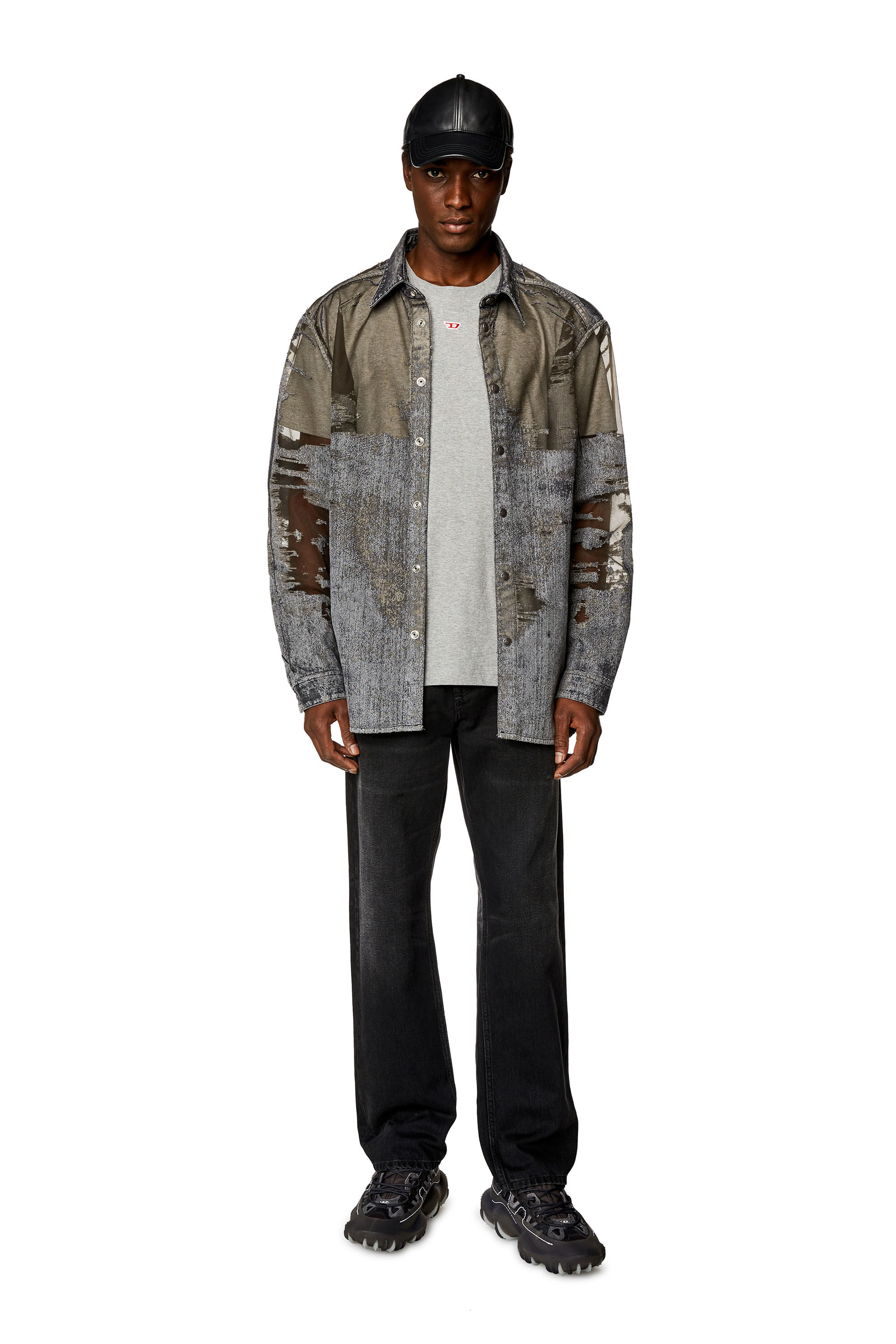 Diesel - D-SIMPLY-OVER-FSD, Man's Denim shirt with devoré in Dark grey - 1