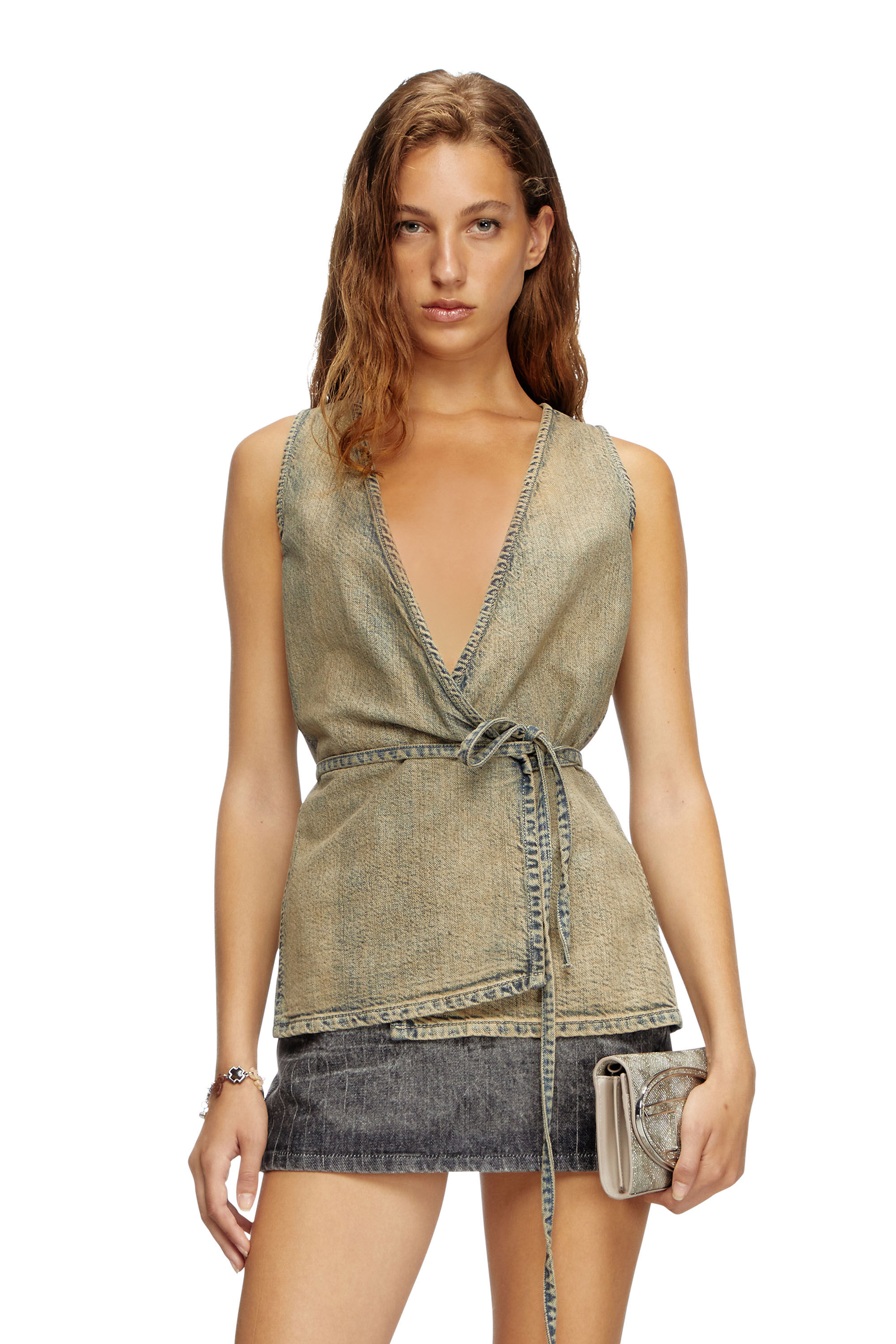 Diesel - DE-VERN, Top envolvente en denim cepillado dorado Mujer in Azul marino - 3