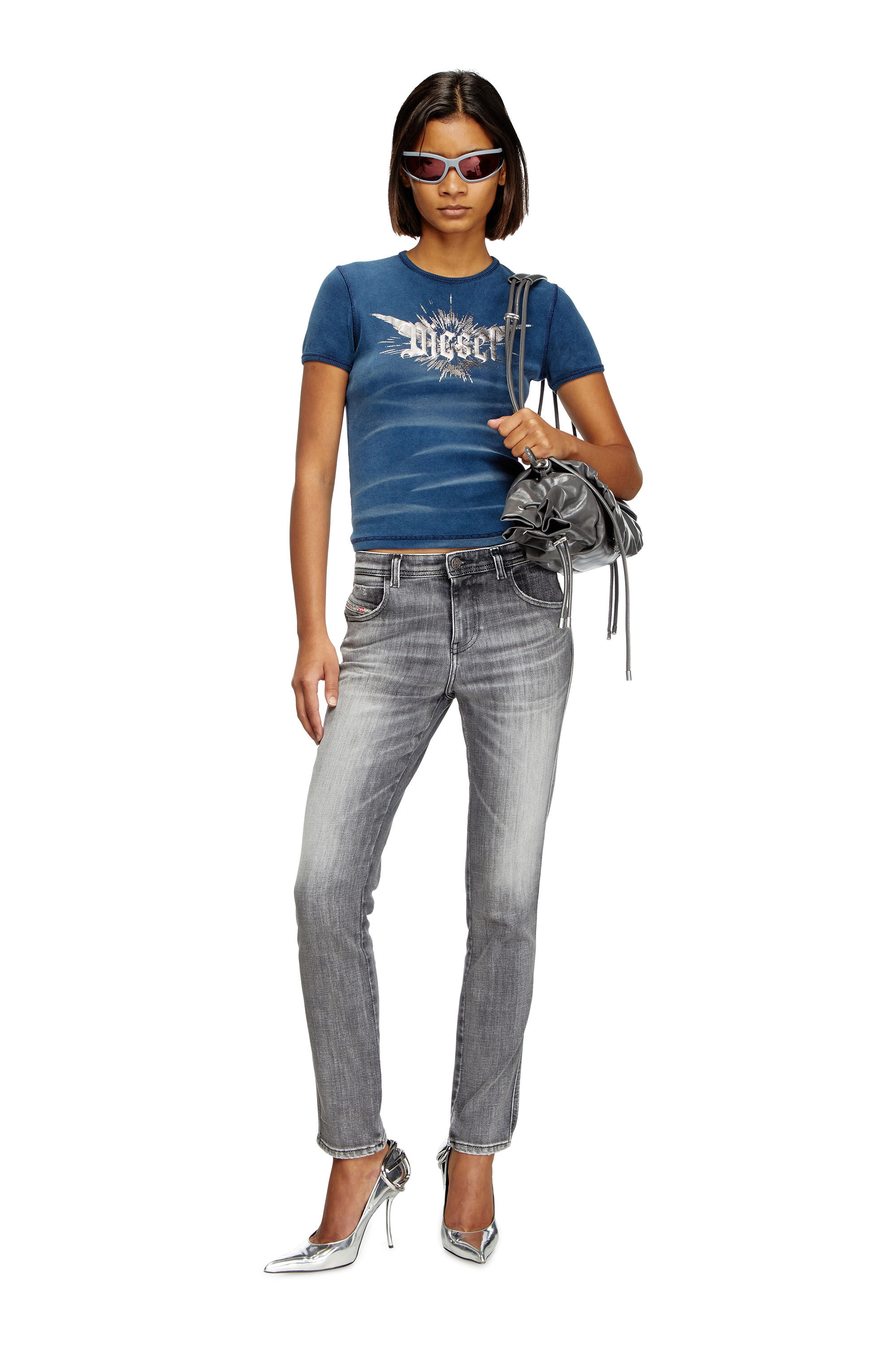 Diesel - T-ELE-LONG-P2, Camiseta con estampado de lámina de Diesel alada Mujer in Azul marino - 1
