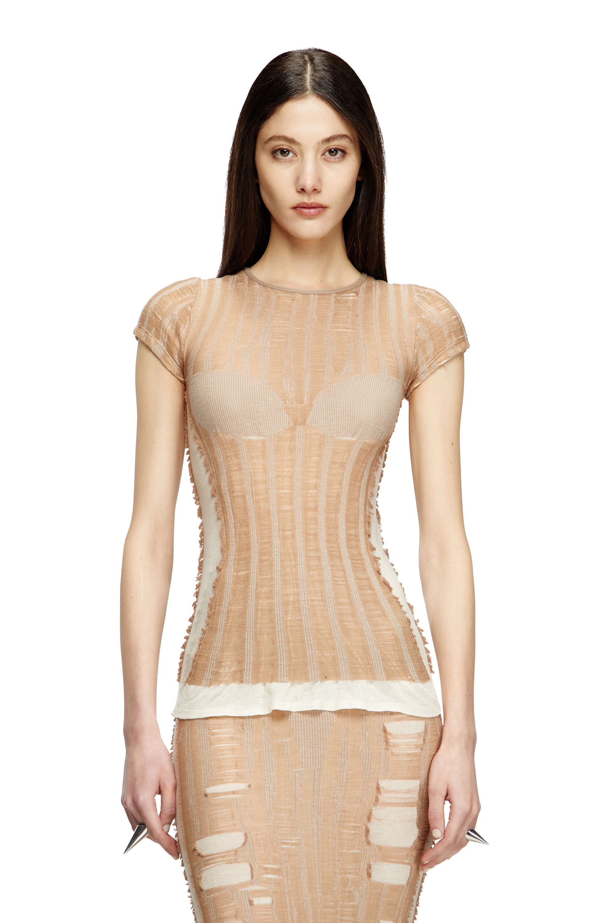 Diesel - M-CALAI-SS, Camiseta sin costuras con ilusión de lencería Mujer in Beige - 3