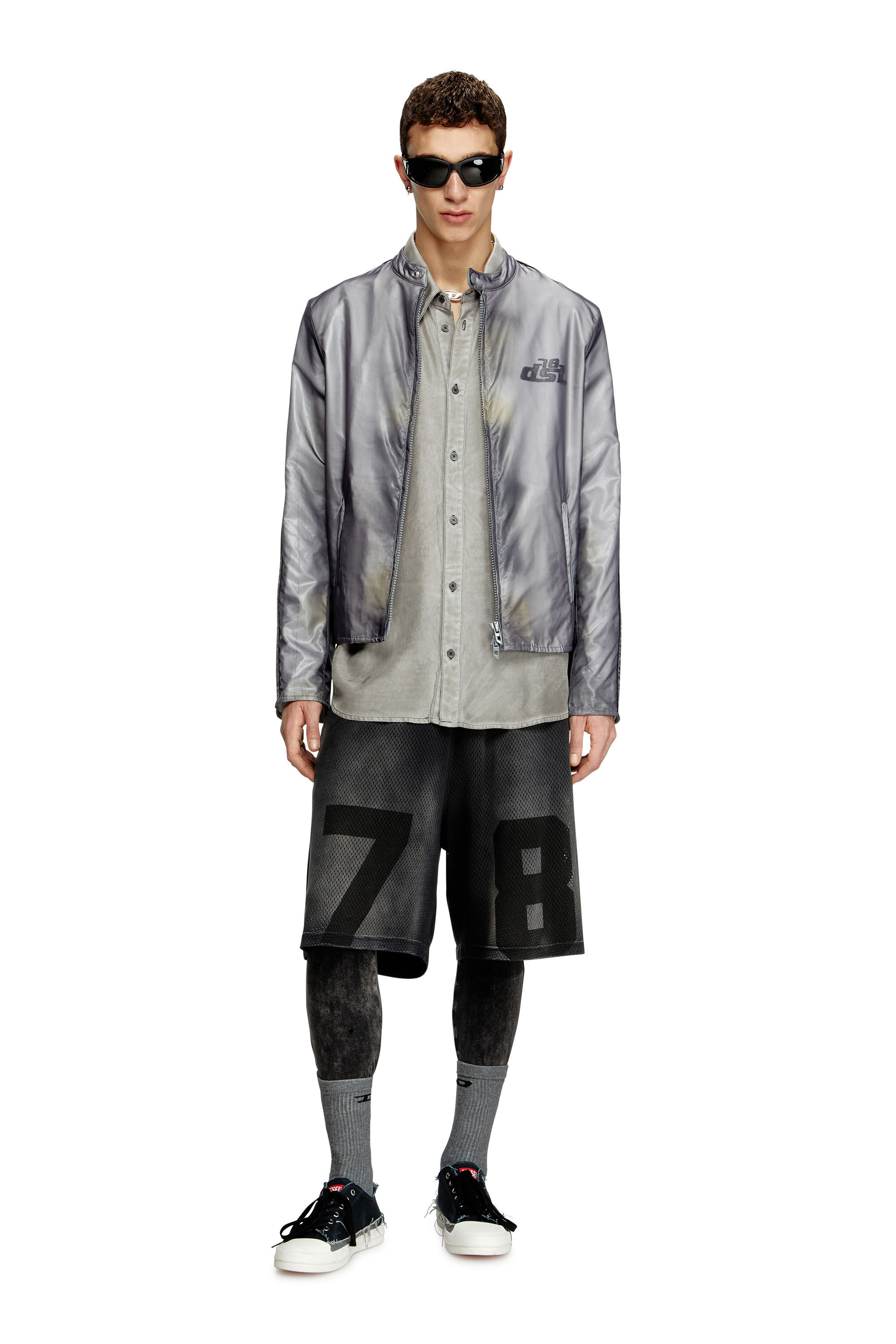 Diesel - S-LEON, Camisa de tejido fluido arrugada con cuello y logotipo Unisex in Gris - 1
