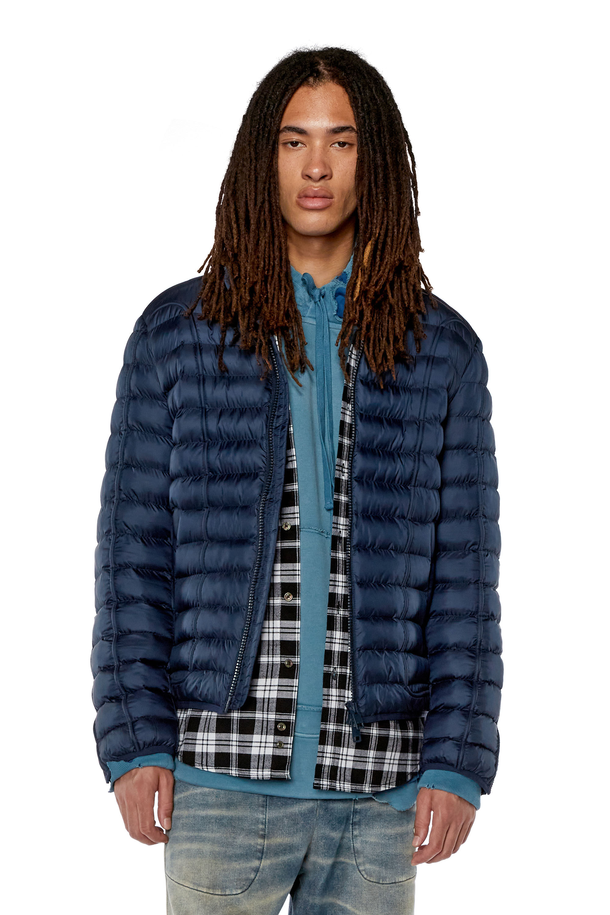 Diesel - W-HAWKYL, Man's Nylon puffer jacket with piping in Blue - 3