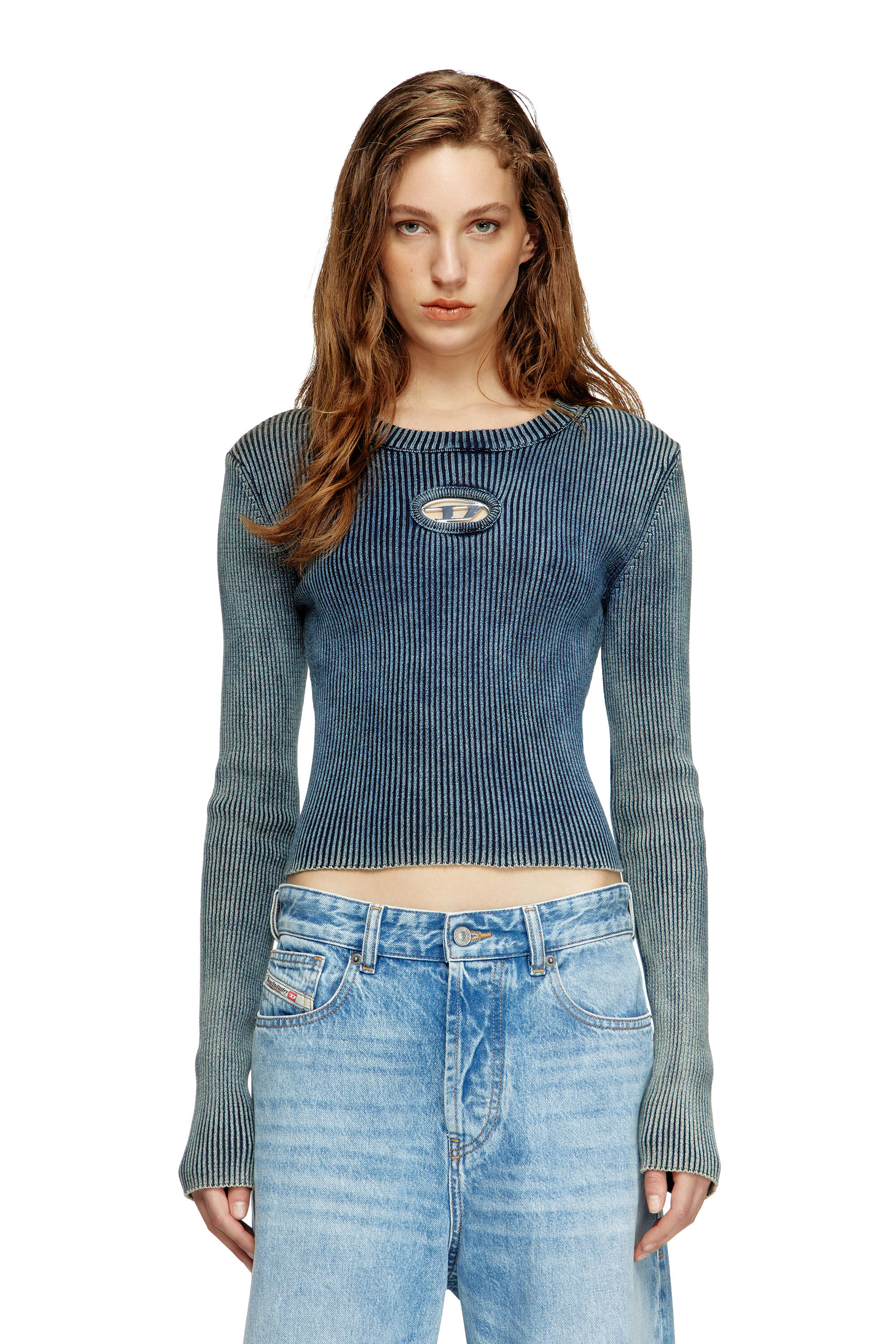 Diesel - M-ANCHOR-A, Camiseta tejida en canalé con Oval D Mujer in Azul marino - 3