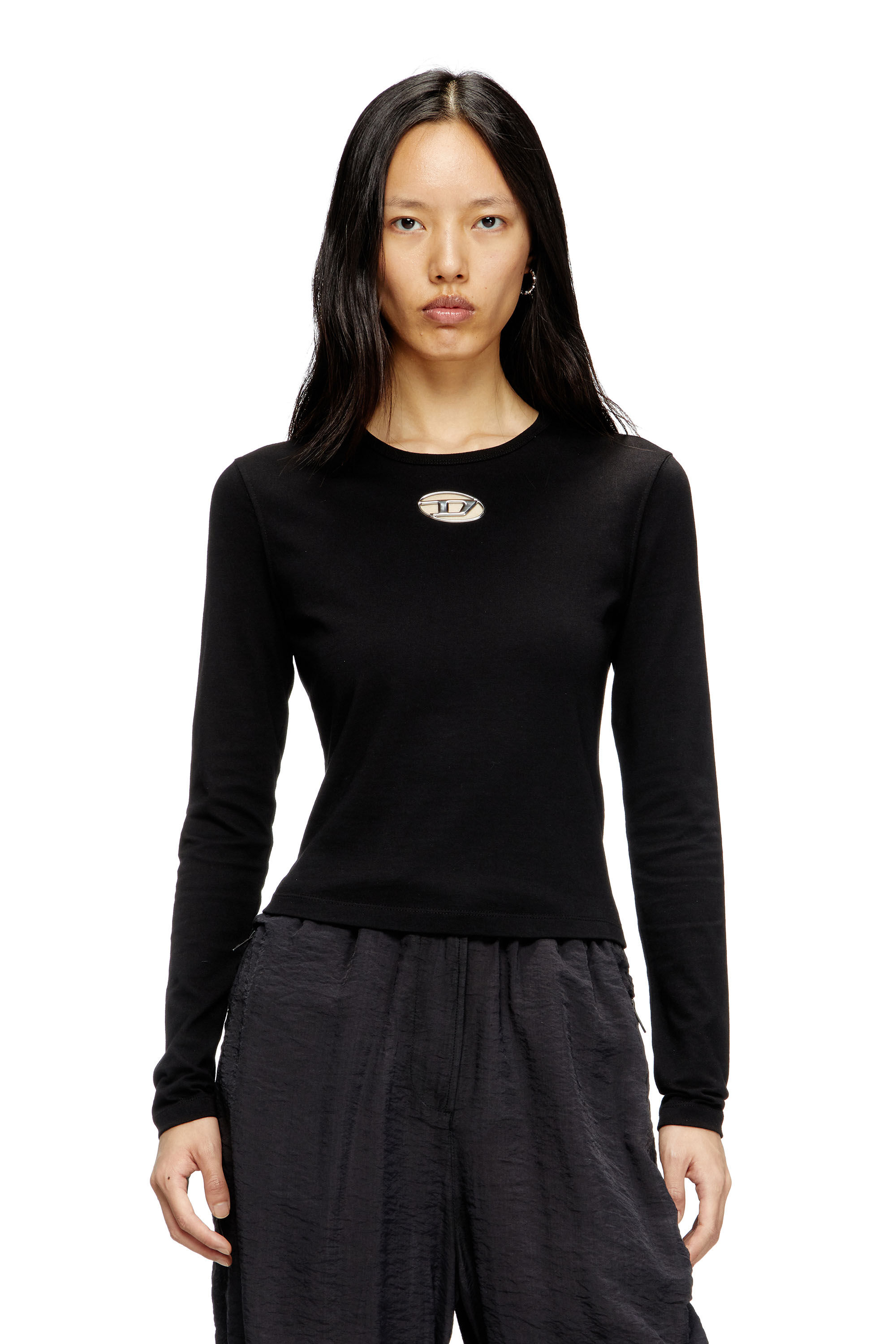 DIESEL ディーゼル レディースクルーネックロングTシャツ A19348 0CLBR / T-UNCUTE-LONG-LS-OD ブラック 2025秋冬新作 ds23fw026_1.jpg