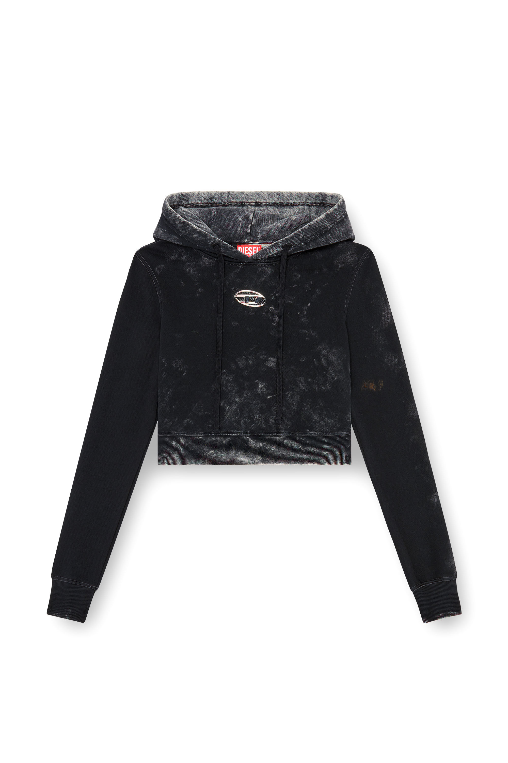 Diesel - F-SLIMMY-HOOD-P5, Sudadera recortada desteñida con capucha y logotipo de metal Mujer in Negro - 2