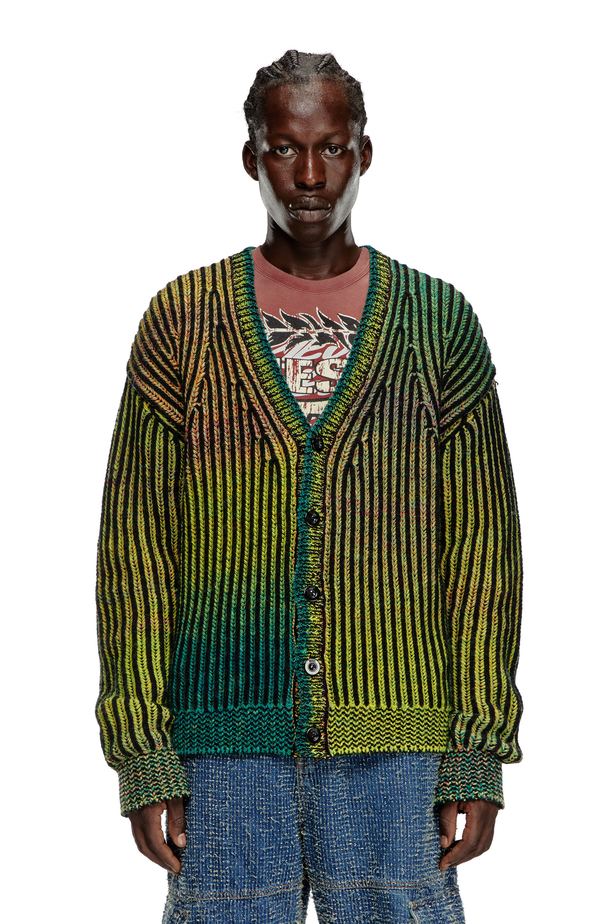 Diesel - K-OAKLAND-CR, Man's Striped ribbed cardigan in wool blend in Green - 3